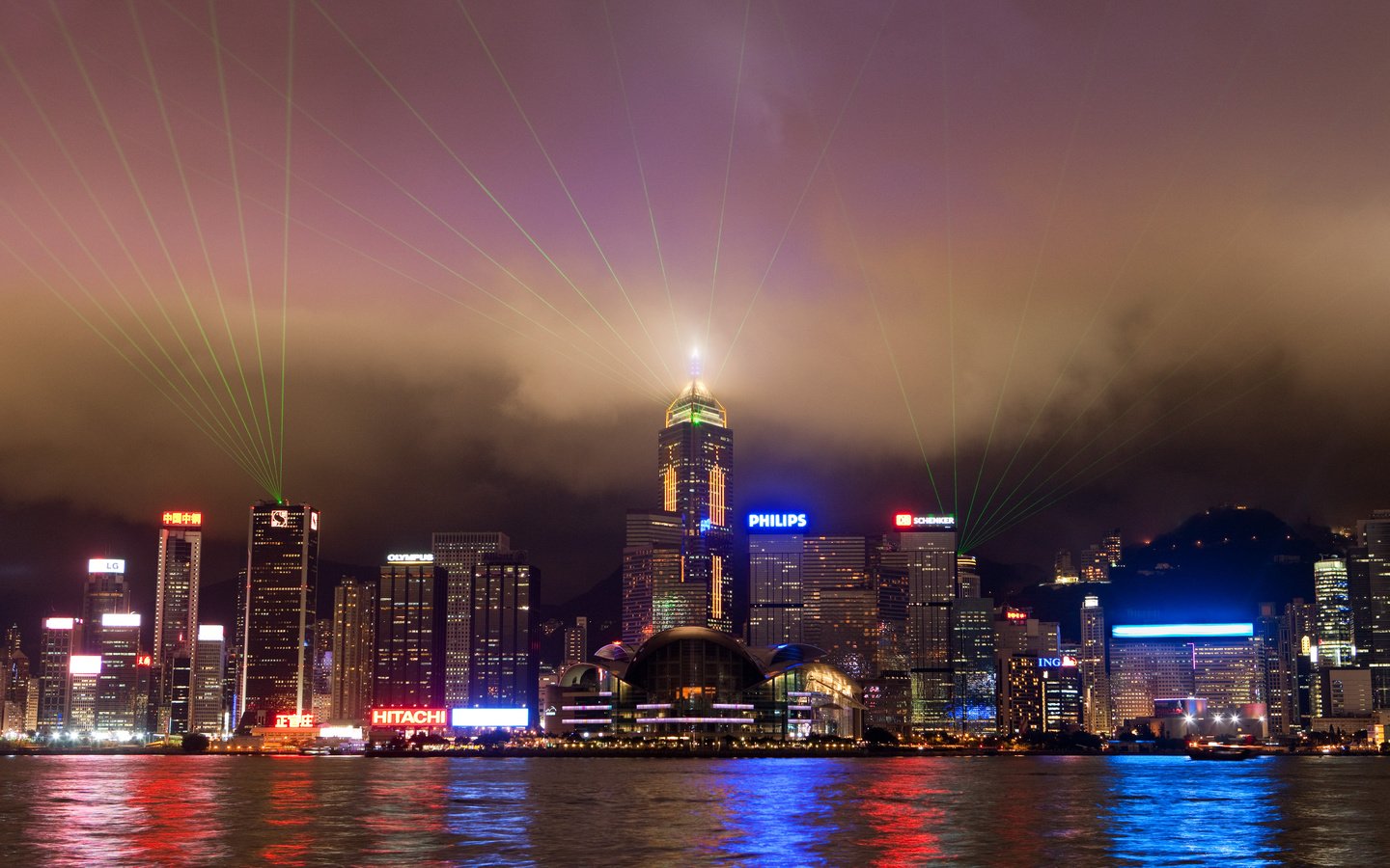 Обои огни, вода, небоскребы, гонконг, lights, water, skyscrapers, hong kong разрешение 5345x3563 Загрузить