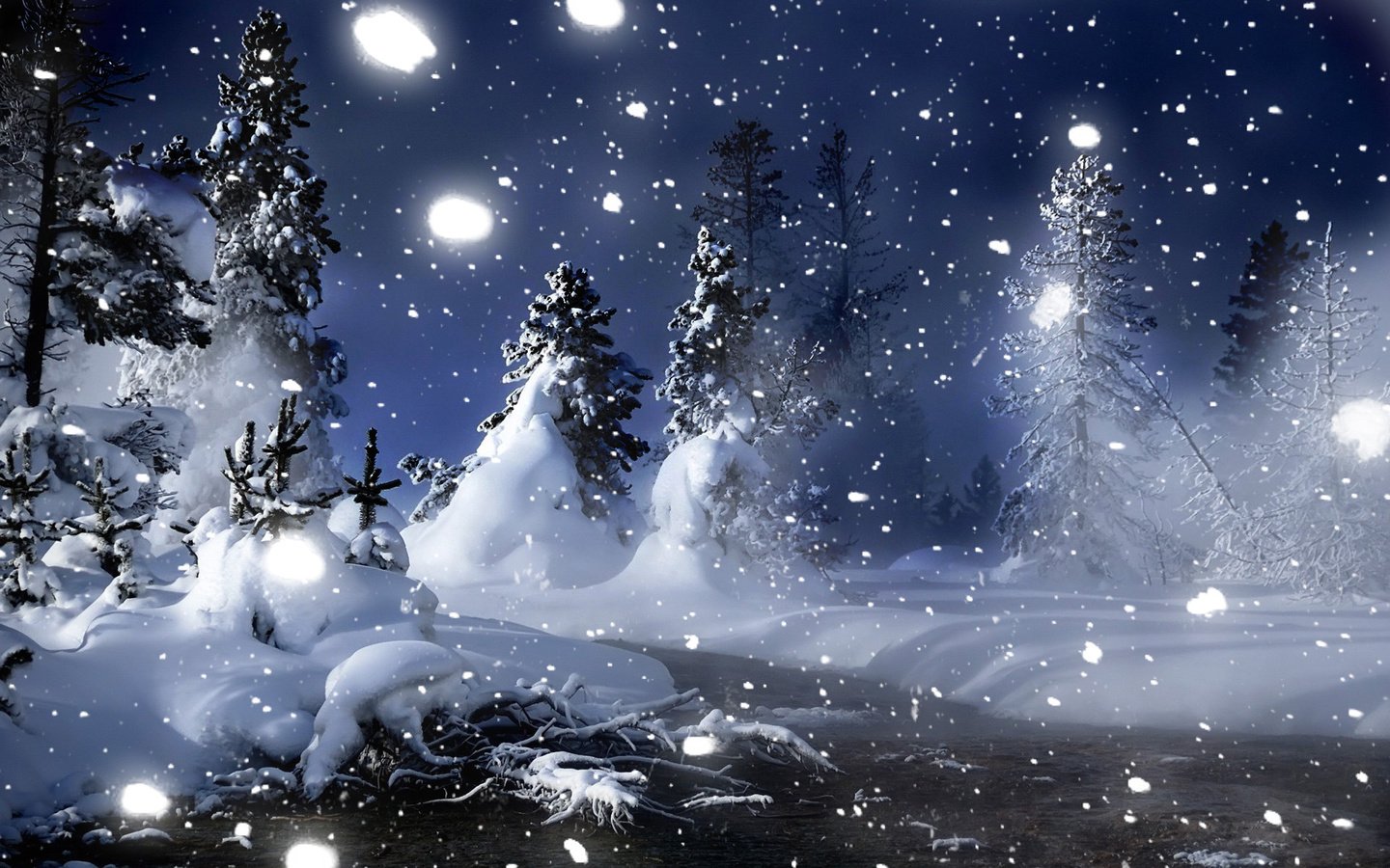 Обои ночь, снег, лес, зима, елочки, night, snow, forest, winter, christmas trees разрешение 1920x1200 Загрузить