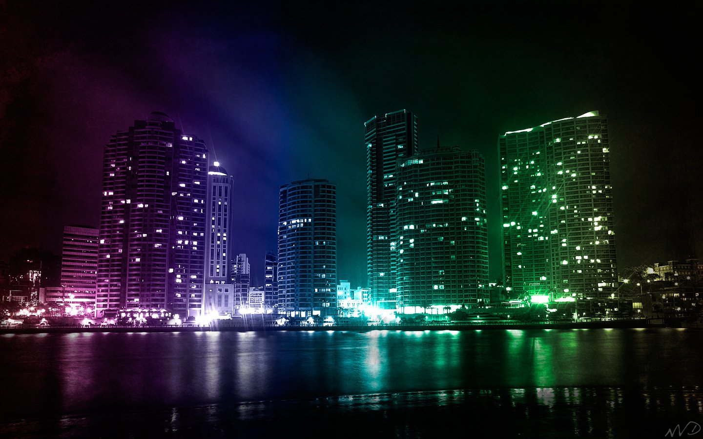 Обои свет, небоскребы, залив, ночной город, light, skyscrapers, bay, night city разрешение 1920x1200 Загрузить