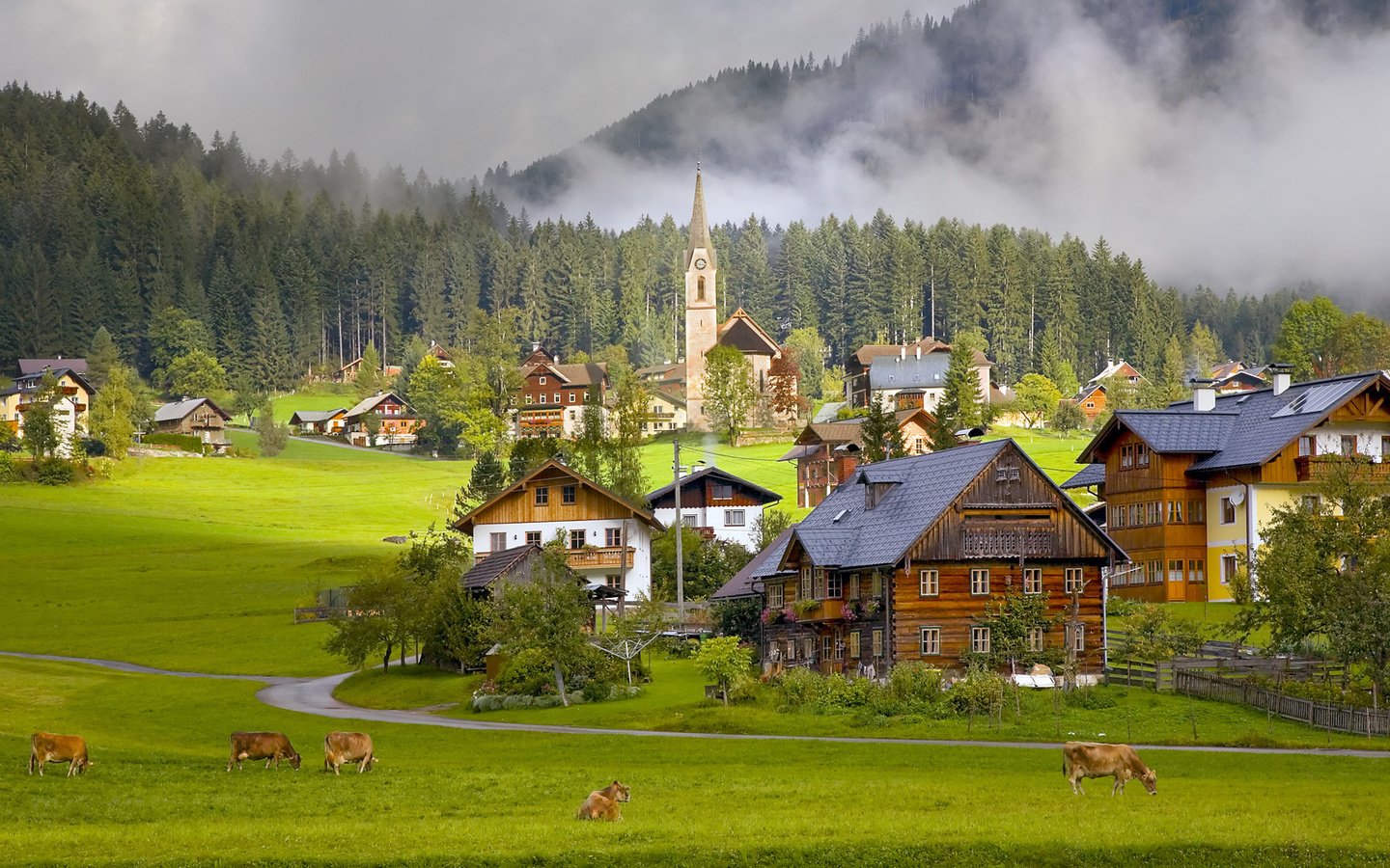 Обои горы, деревня, австрия, дома, альпы, коровы, mountains, village, austria, home, alps, cows разрешение 1920x1080 Загрузить