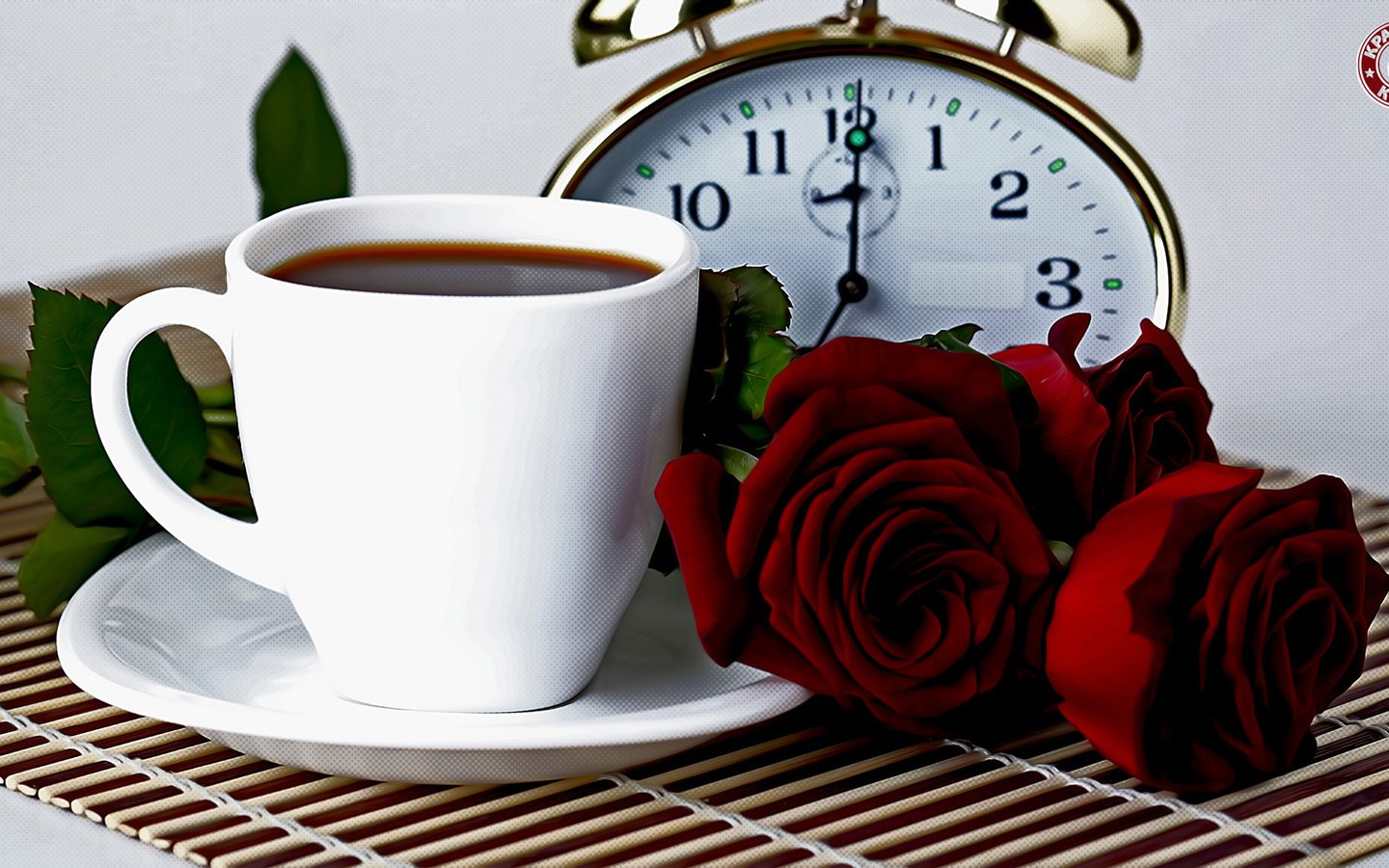 Обои цветы, розы, кофе, кружка, чашка, будильник, flowers, roses, coffee, mug, cup, alarm clock разрешение 1920x1080 Загрузить