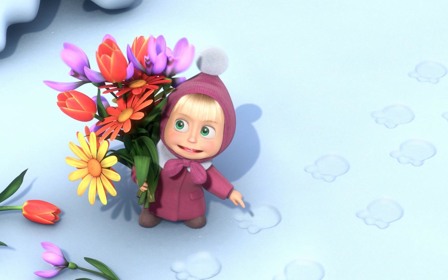 Обои цветы, снег, мультфильм, следы, маша и медведь, flowers, snow, cartoon, traces, masha and the bear разрешение 1920x1080 Загрузить