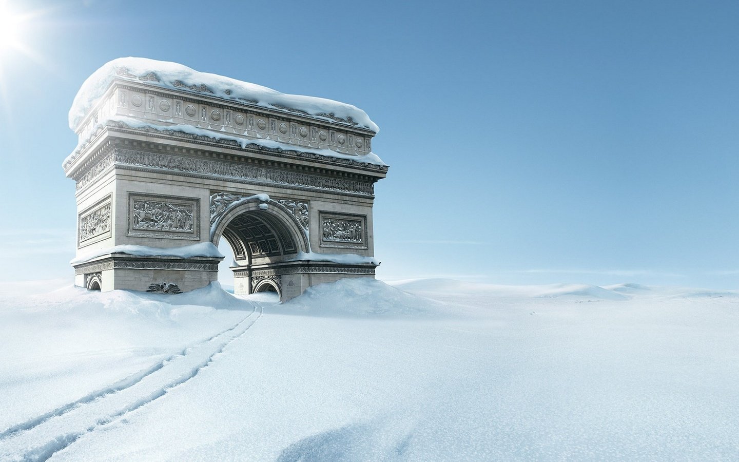 Обои креатив, hd картинка, триумфальная арка снег, creative, hd picture, arc de triomphe in the snow разрешение 1920x1080 Загрузить