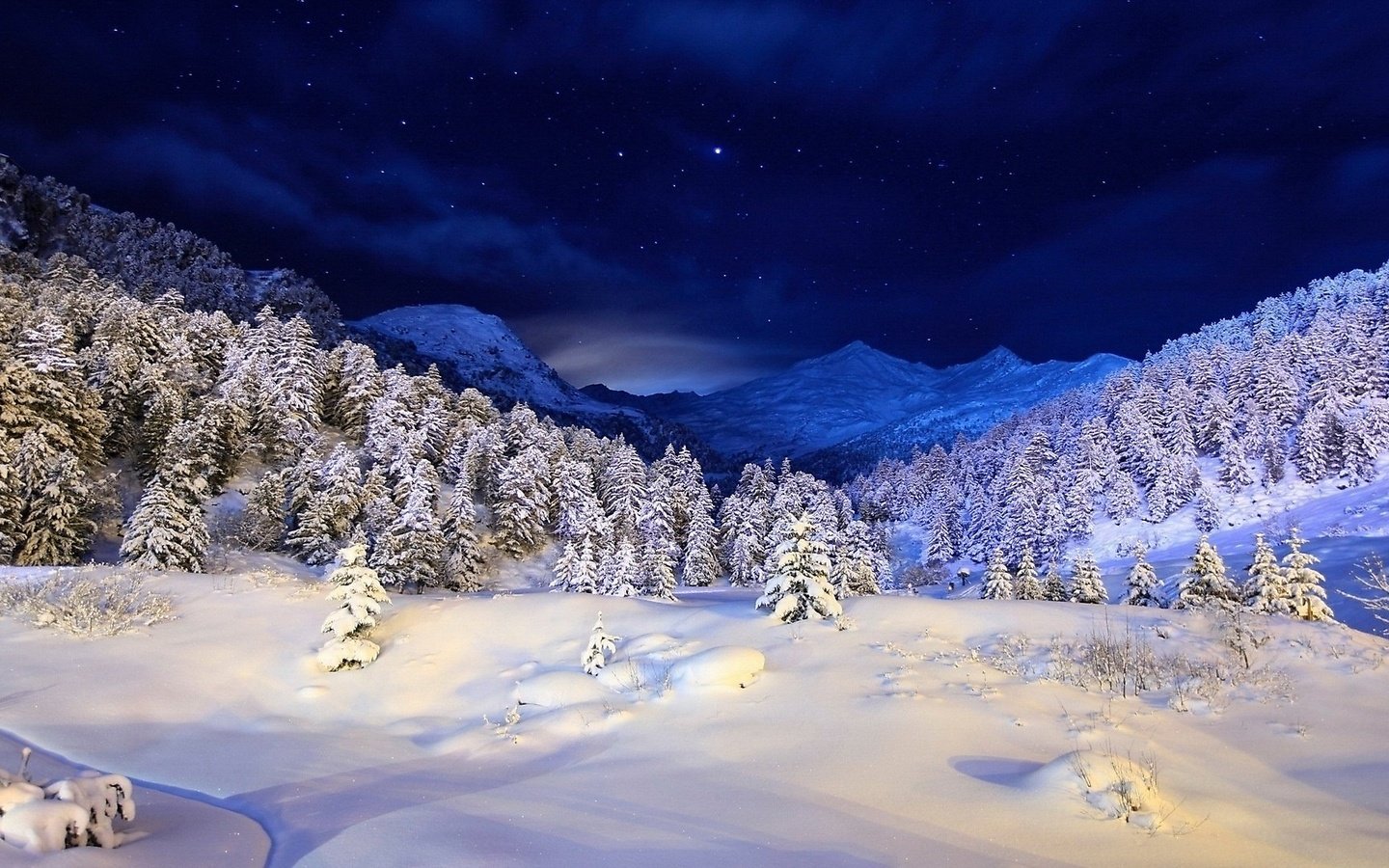 Обои зимняя ночь в горах, winter night in the mountains разрешение 1920x1080 Загрузить