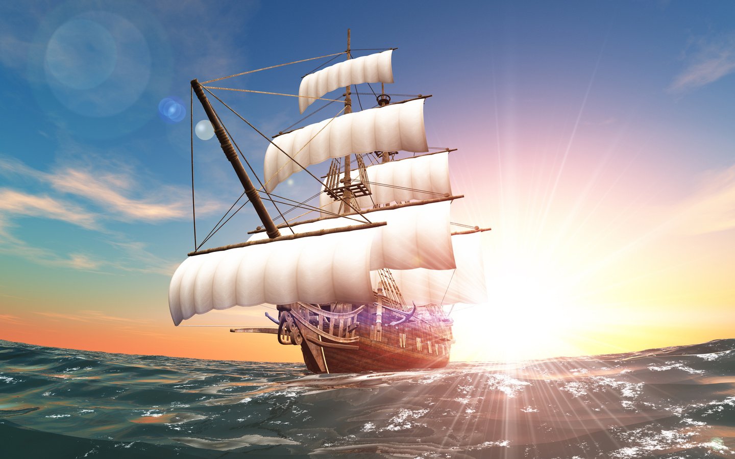 Обои солнце, море, корабль, плавание, паруса, курс, the sun, sea, ship, swimming, sails, course разрешение 2560x1600 Загрузить