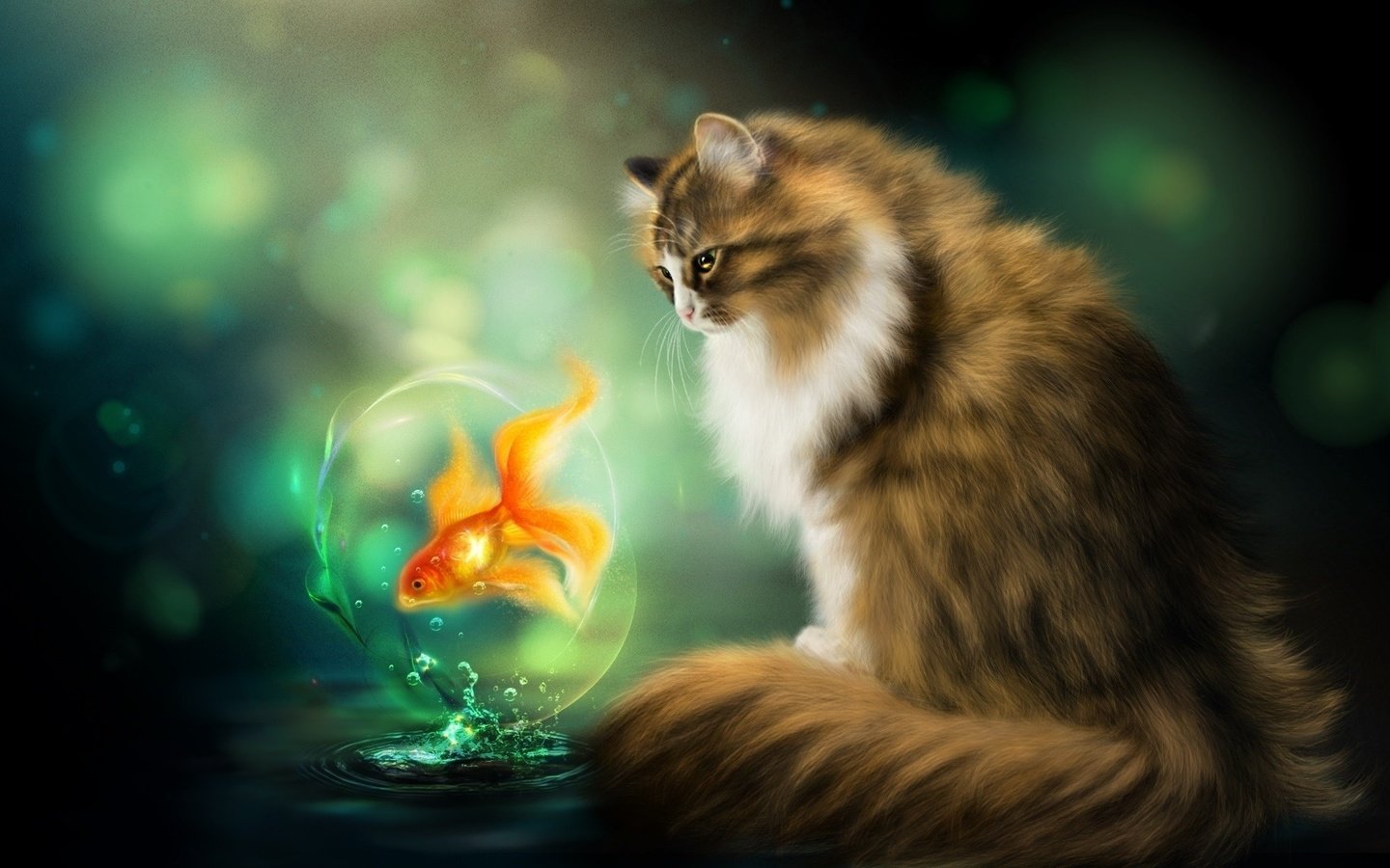 Обои кот, кошка, фотошоп, живопись, золотая рыбка, рыба, нelena, cat, photoshop, painting, goldfish, fish, gb разрешение 1920x1200 Загрузить