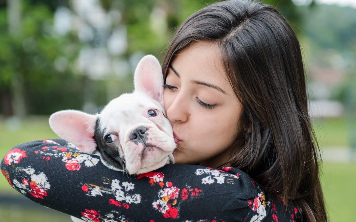 Обои девушка, собака, дружба, французский бульдог, girl, dog, friendship, french bulldog разрешение 2560x1600 Загрузить