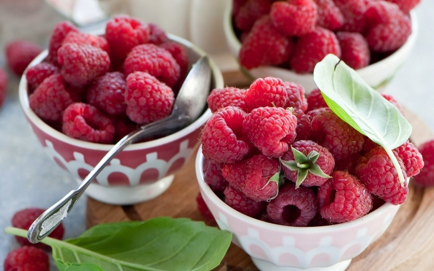 Обои малина, доска, листочки, ягоды, ложка, пиалы, raspberry, board, leaves, berries, spoon, bowls разрешение 1920x1440 Загрузить