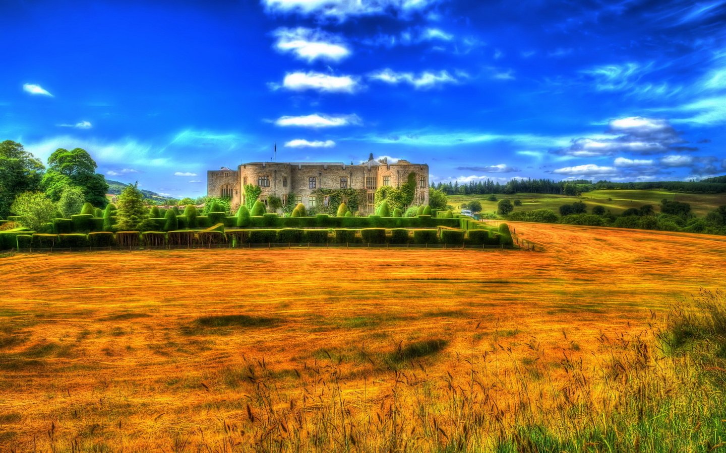 Обои деревья, дизайн, поля, кусты, замок, великобритания, chirk castle, trees, design, field, the bushes, castle, uk разрешение 2400x1520 Загрузить