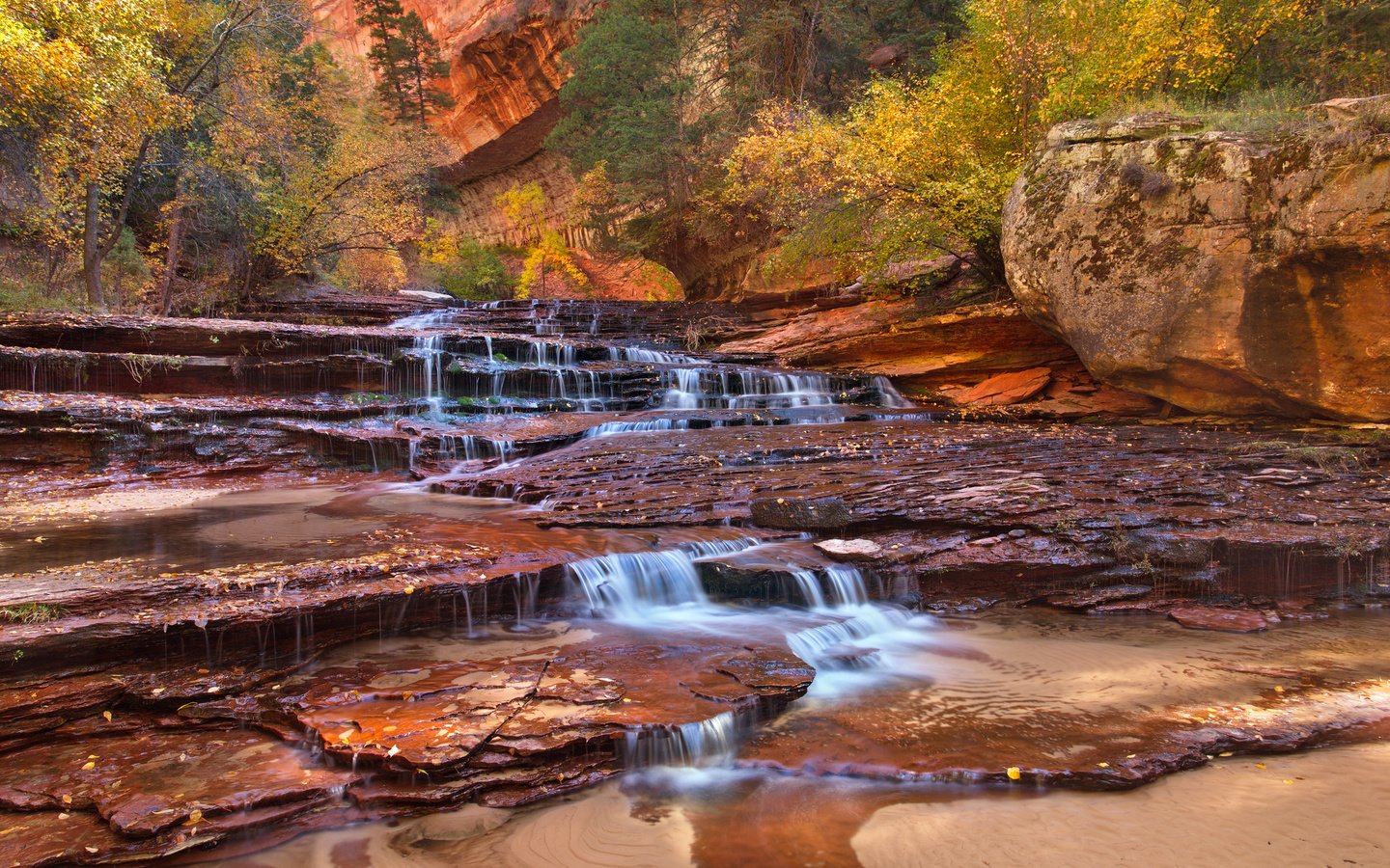 Обои деревья, горы, скалы, ручей, водопад, сша, юта, zion national par, trees, mountains, rocks, stream, waterfall, usa, utah разрешение 2048x1365 Загрузить