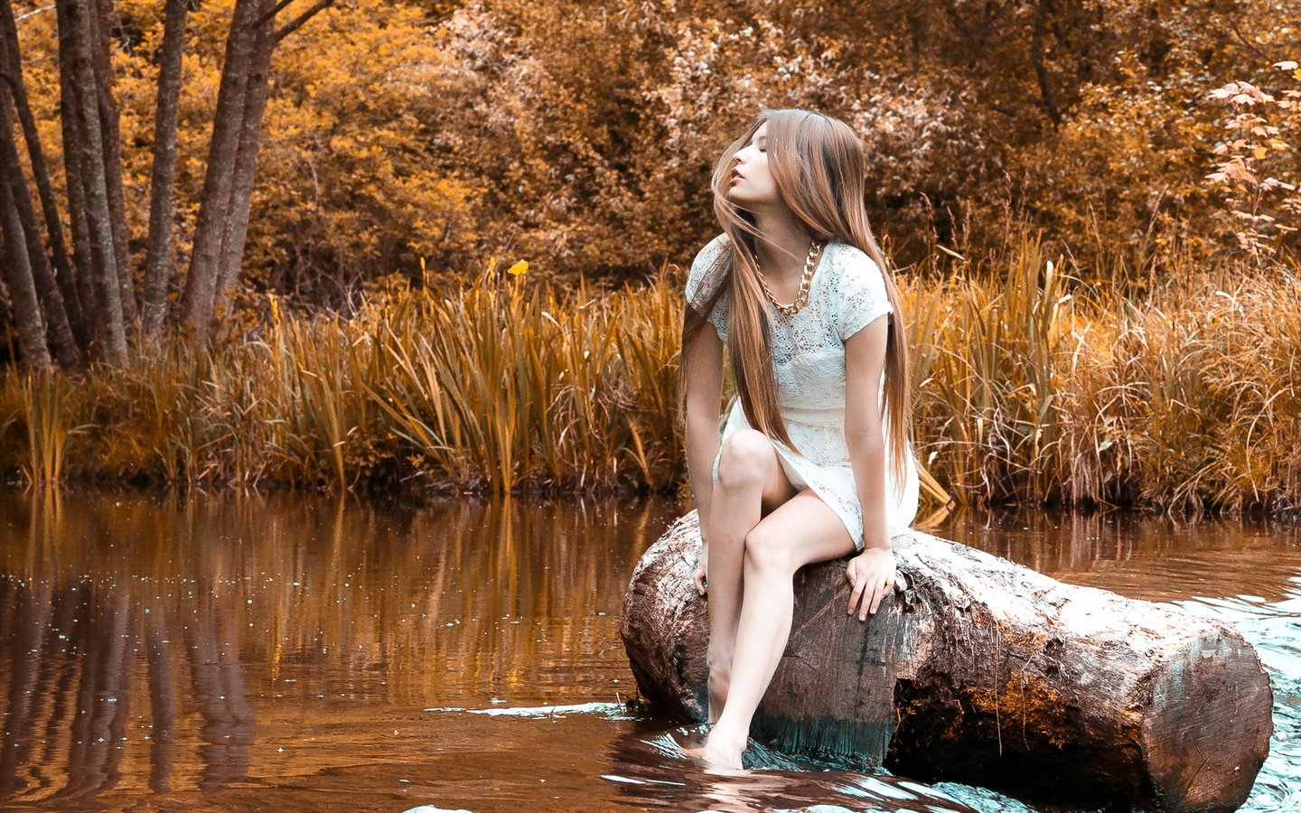 Обои река, природа, девушка, камень, бревно, шатенка, river, nature, girl, stone, log, brown hair разрешение 1920x1200 Загрузить