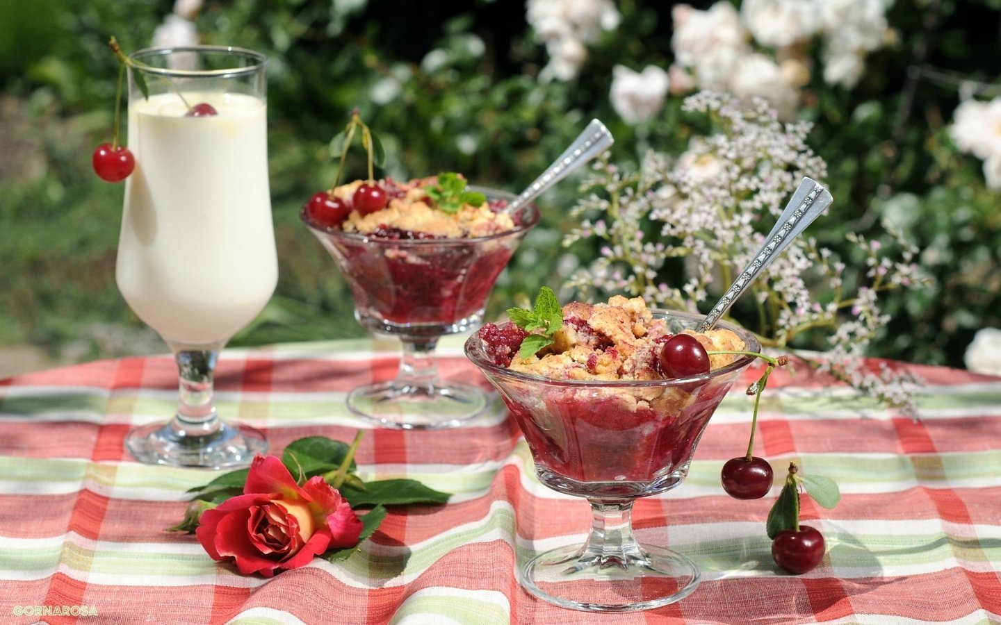 Обои лето, роза, бокал, вишня, молоко, десерт, крамбл, summer, rose, glass, cherry, milk, dessert, crumble разрешение 1920x1221 Загрузить