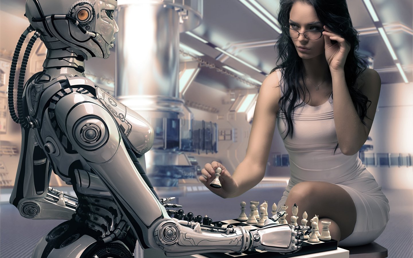 Обои девушка, шахматы, робот, рендеринг, игра, girl, chess, robot, rendering, the game разрешение 3000x2000 Загрузить