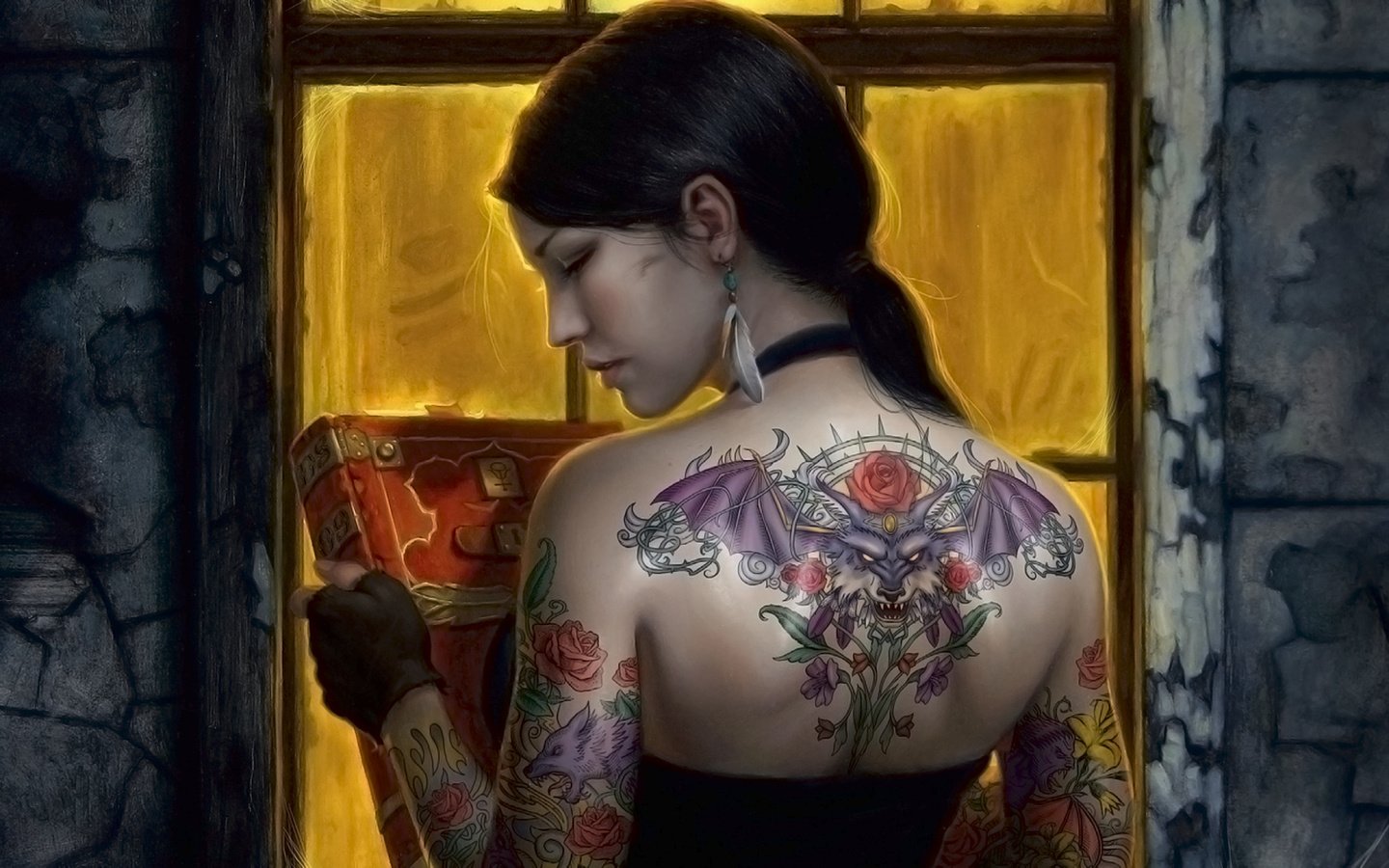 Обои девушка, брюнетка, татуировки, спина, окно, книга, girl, brunette, tattoo, back, window, book разрешение 1920x1200 Загрузить