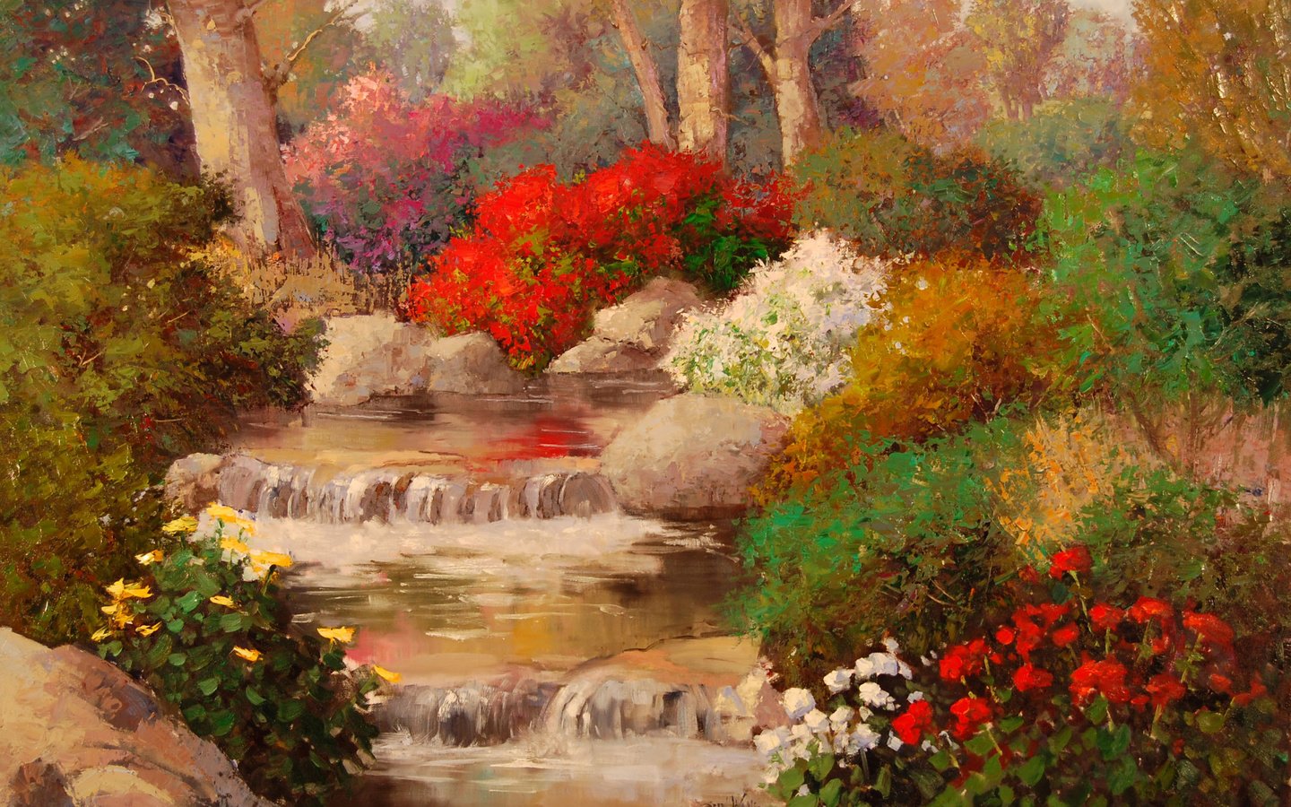 Обои цветы, деревья, вода, природа, розы, живопись, ручеёк, flowers, trees, water, nature, roses, painting, brook разрешение 2720x1820 Загрузить