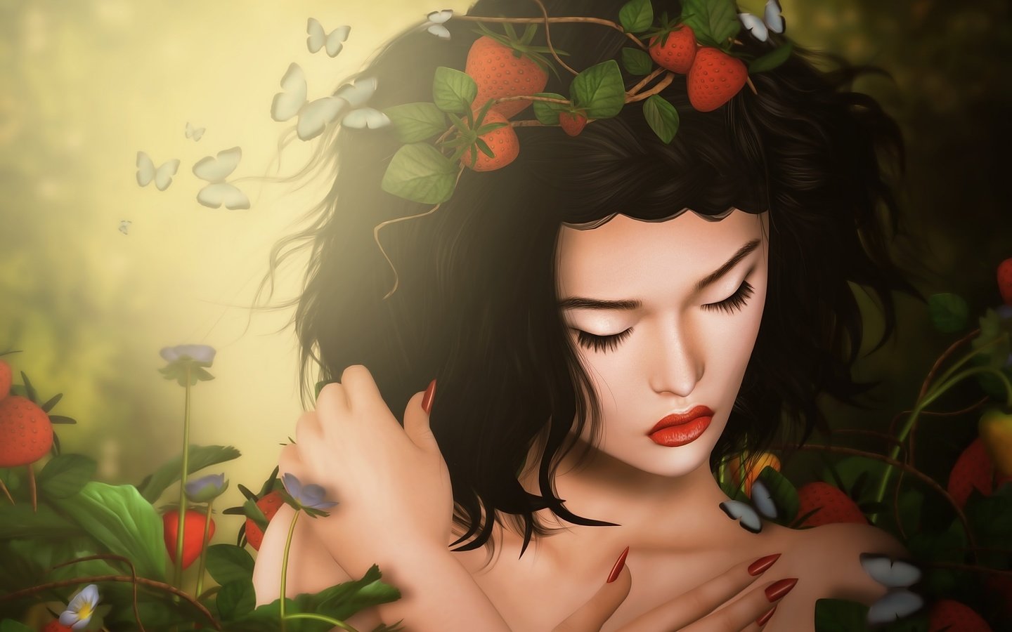 Обои девушка, брюнетка, грусть, клубника, бабочки, girl, brunette, sadness, strawberry, butterfly разрешение 2048x1376 Загрузить