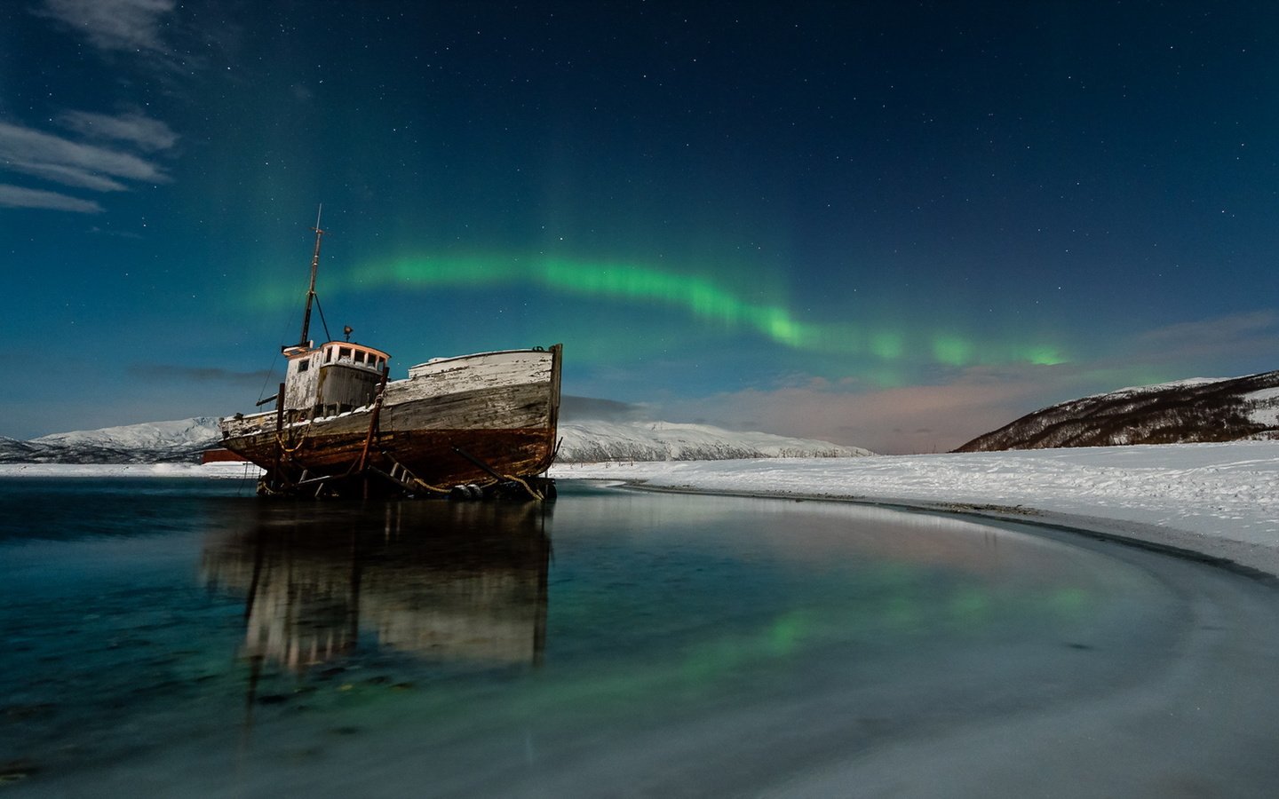 Обои ночь, море, корабль, северное сияние, night, sea, ship, northern lights разрешение 1920x1080 Загрузить