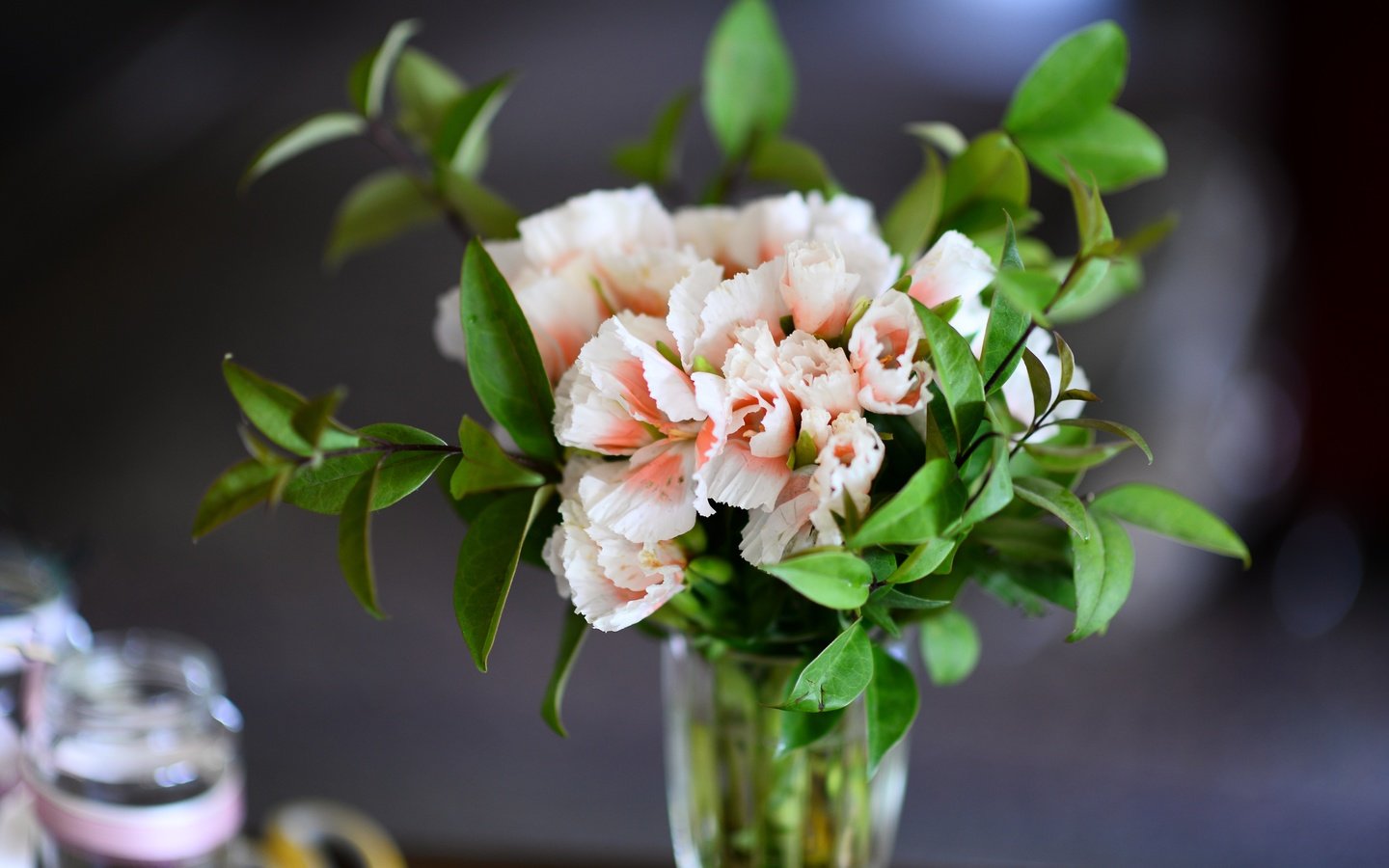 Обои цветы, листья, ветки, букет, ваза, пеларгония, flowers, leaves, branches, bouquet, vase, pelargonium разрешение 6016x4016 Загрузить