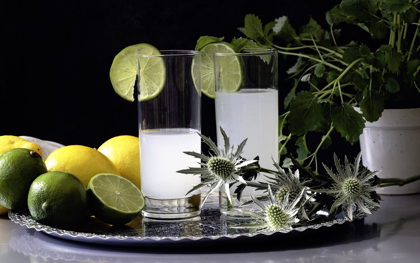 Обои напиток, лимон, лайм, коктейль, стаканы, цитрусы, лимонад, drink, lemon, lime, cocktail, glasses, citrus, lemonade разрешение 2048x1365 Загрузить