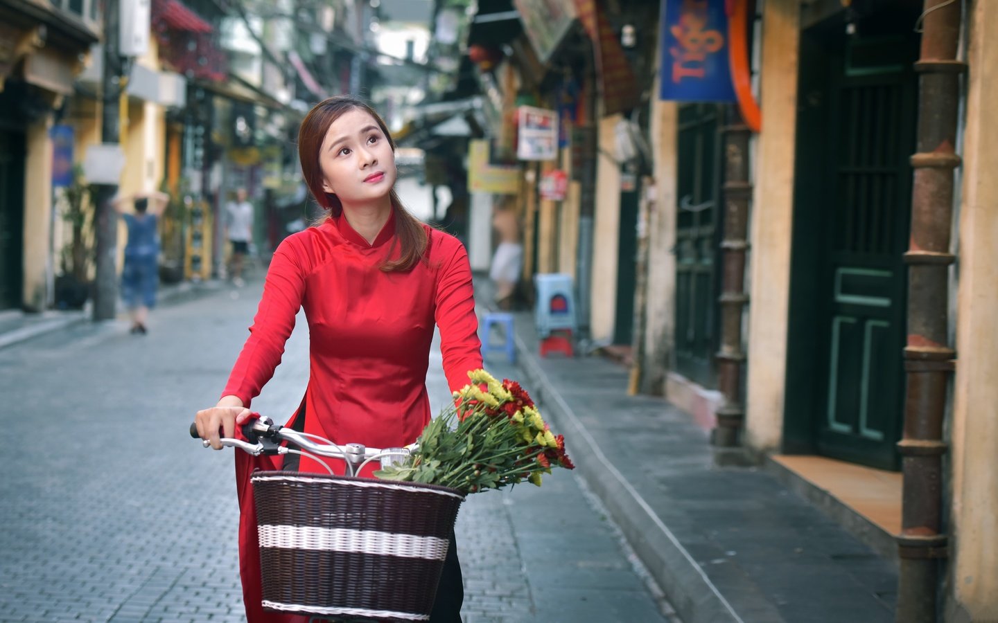 Обои цветы, девушка, улица, лицо, корзина, азиатка, велосипед, flowers, girl, street, face, basket, asian, bike разрешение 7650x4555 Загрузить