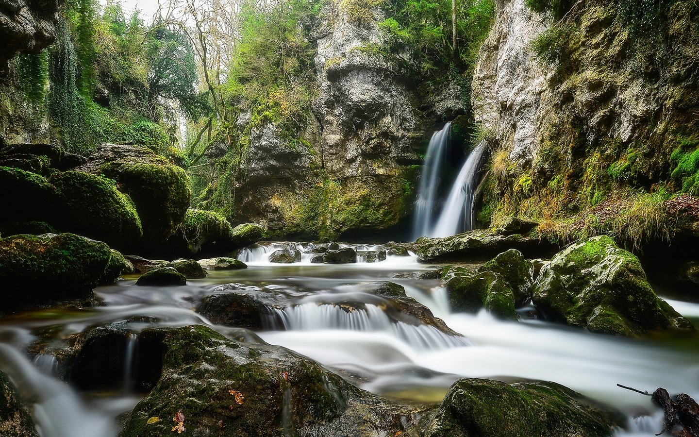 Обои деревья, вода, камни, водопад, мох, потоки, trees, water, stones, waterfall, moss, threads разрешение 2048x1152 Загрузить