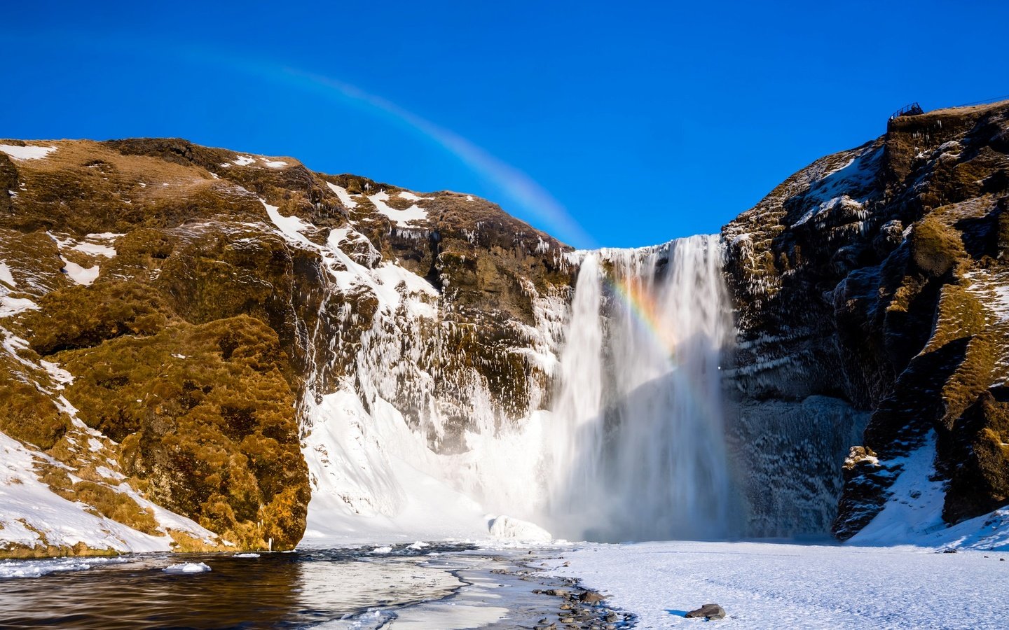 Обои горы, скалы, снег, зима, водопад, радуга, mountains, rocks, snow, winter, waterfall, rainbow разрешение 1920x1229 Загрузить