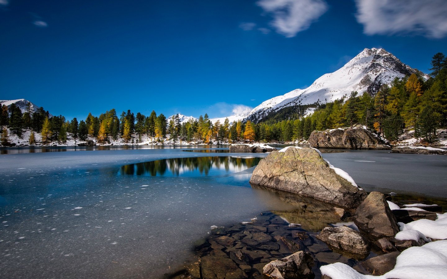 Обои деревья, озеро, горы, снег, швейцария, валь-ди-кампо, trees, lake, mountains, snow, switzerland, val di campo разрешение 2048x1367 Загрузить