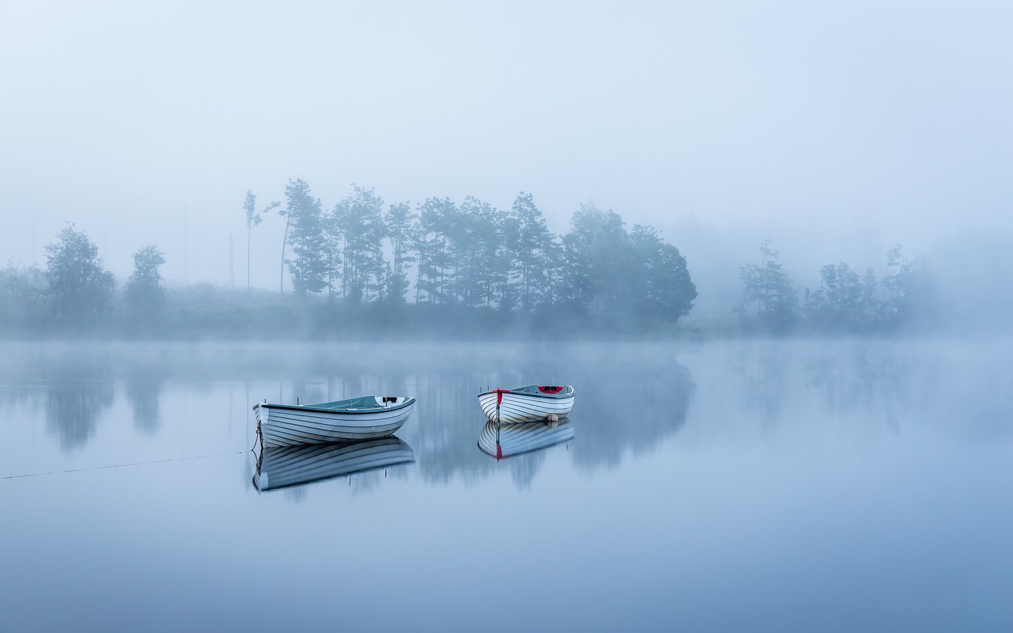 Обои деревья, озеро, утро, туман, лодки, тишина, trees, lake, morning, fog, boats, silence разрешение 2048x1280 Загрузить