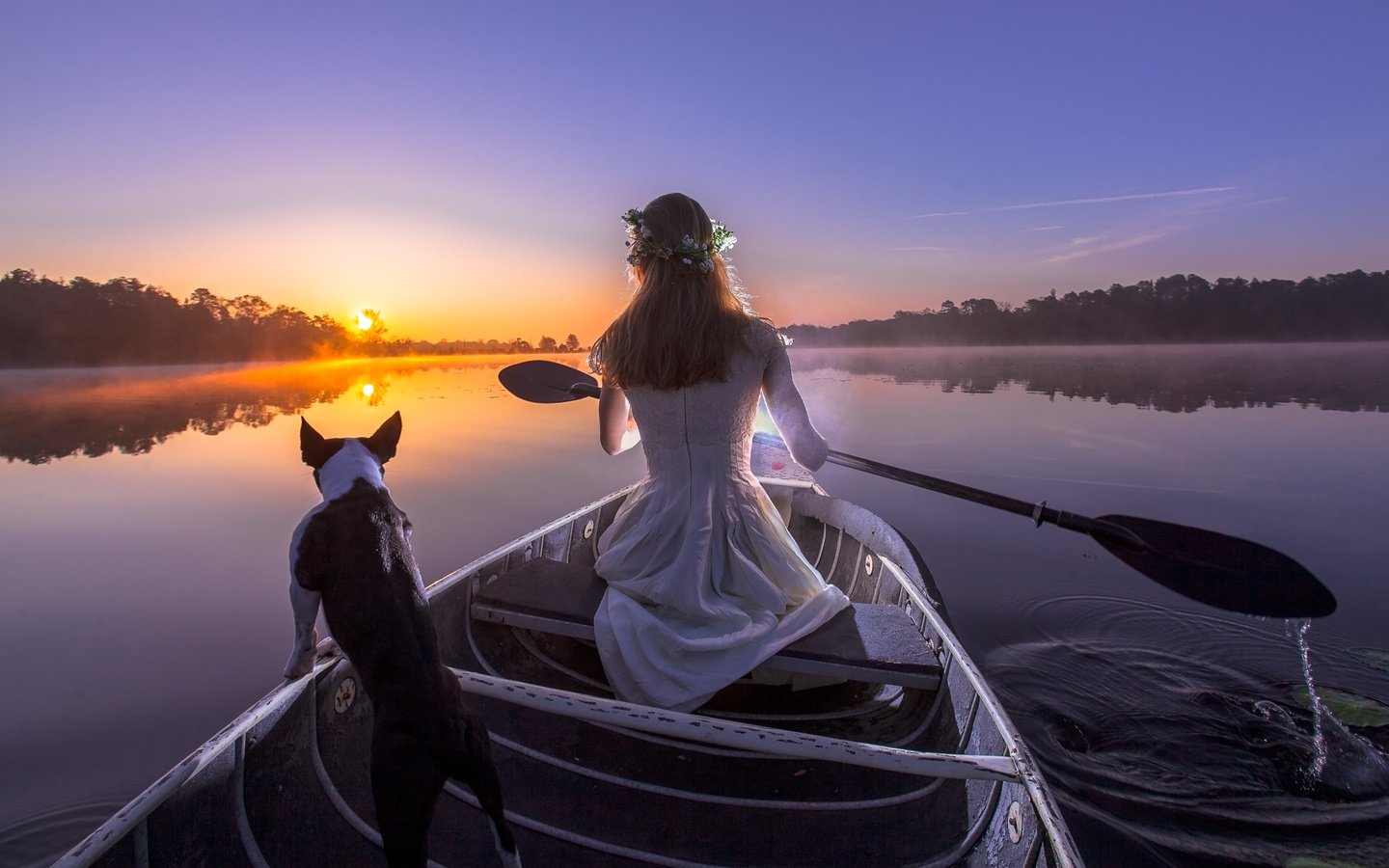 Обои вечер, весло, река, закат, девушка, собака, лодка, фонарь, отдых, the evening, paddle, river, sunset, girl, dog, boat, lantern, stay разрешение 2560x1440 Загрузить