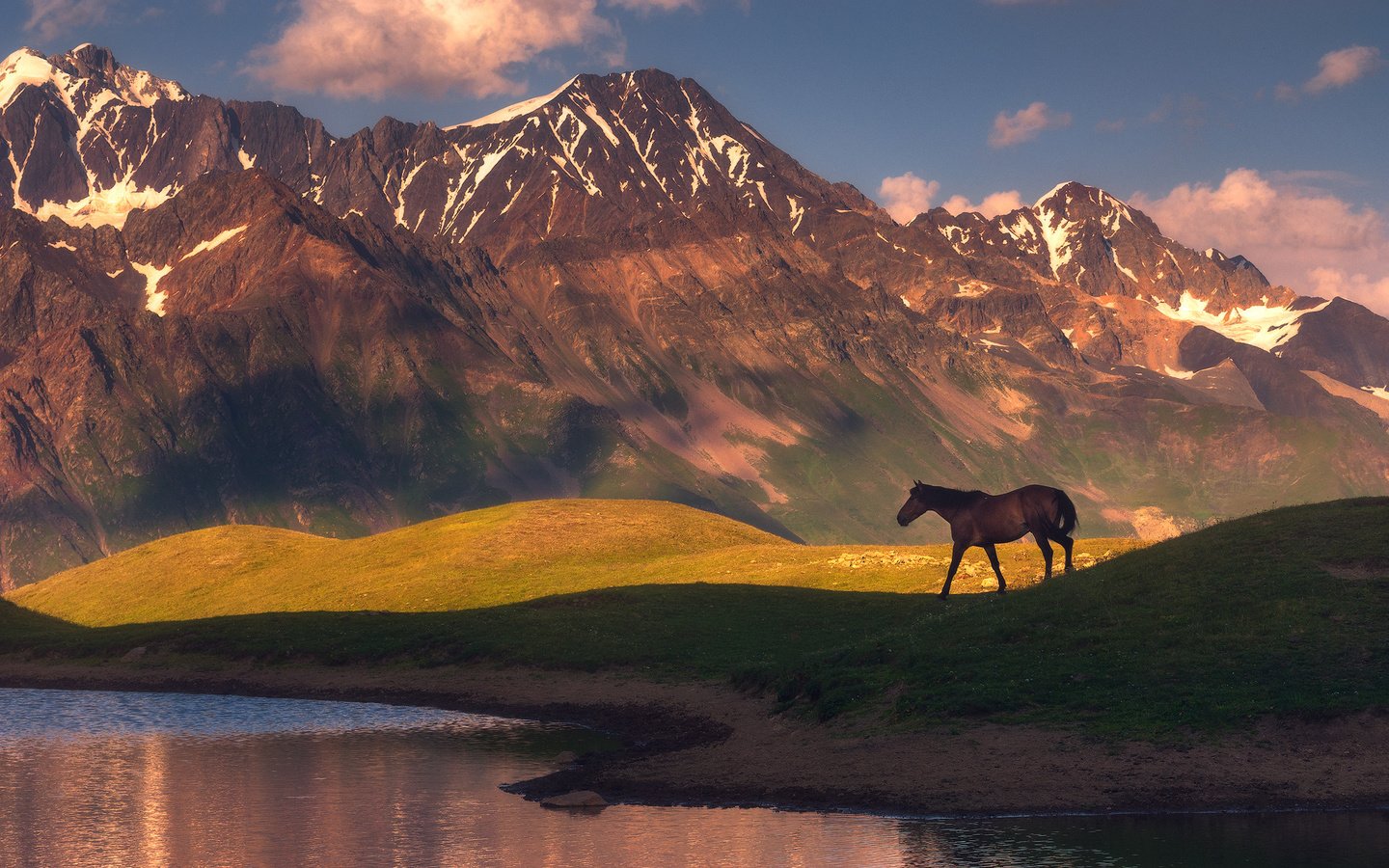 Обои лошадь, озеро, горы, природа, конь, horse, lake, mountains, nature разрешение 1942x1300 Загрузить