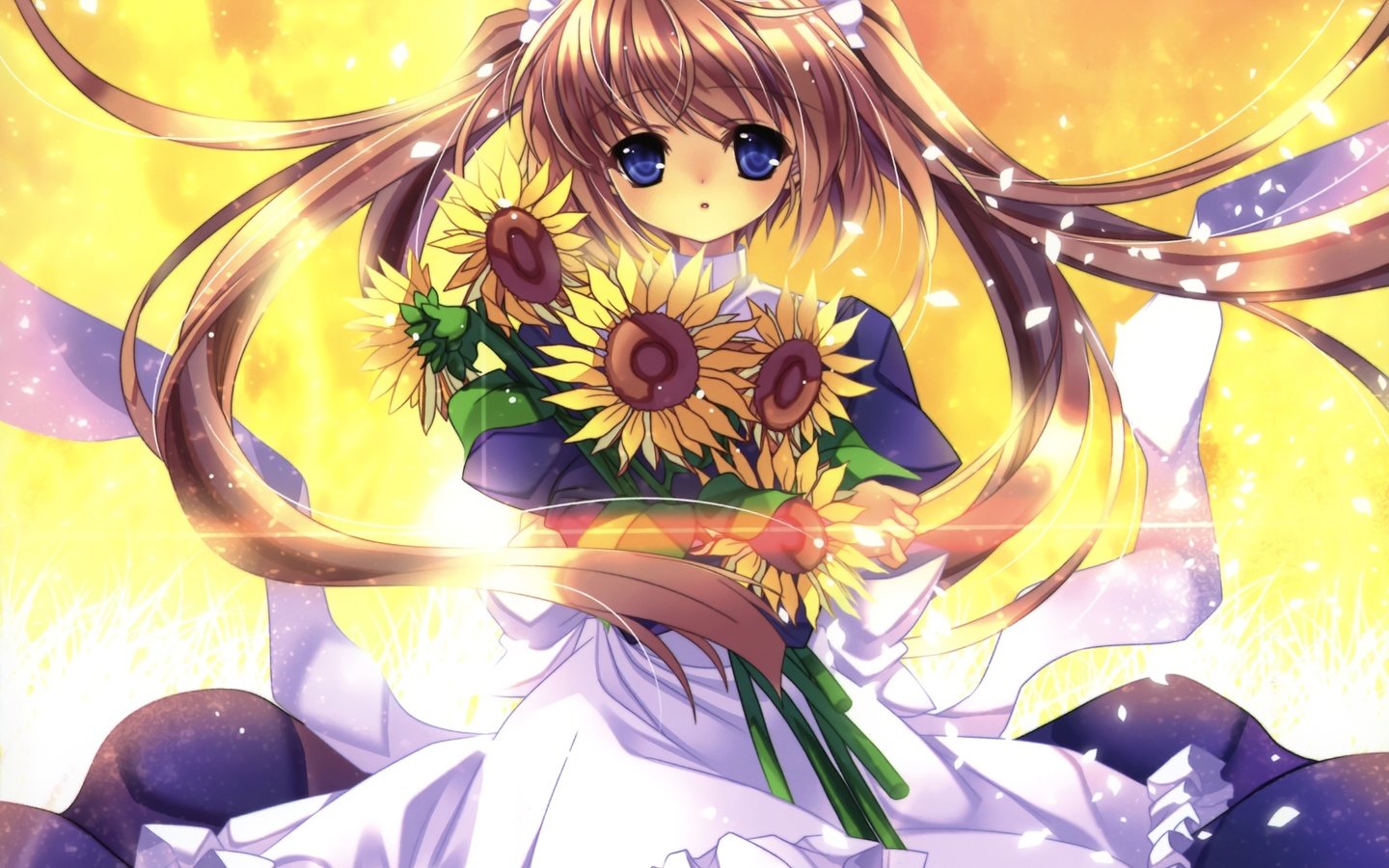 Обои аниме, девочка, подсолнухи, белое платье, anime, girl, sunflowers, white dress разрешение 2104x1672 Загрузить