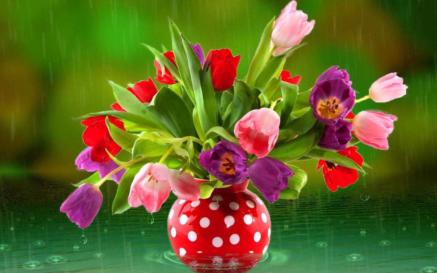 Обои цветы, вода, дождь, тюльпаны, ваза, flowers, water, rain, tulips, vase разрешение 1920x1080 Загрузить