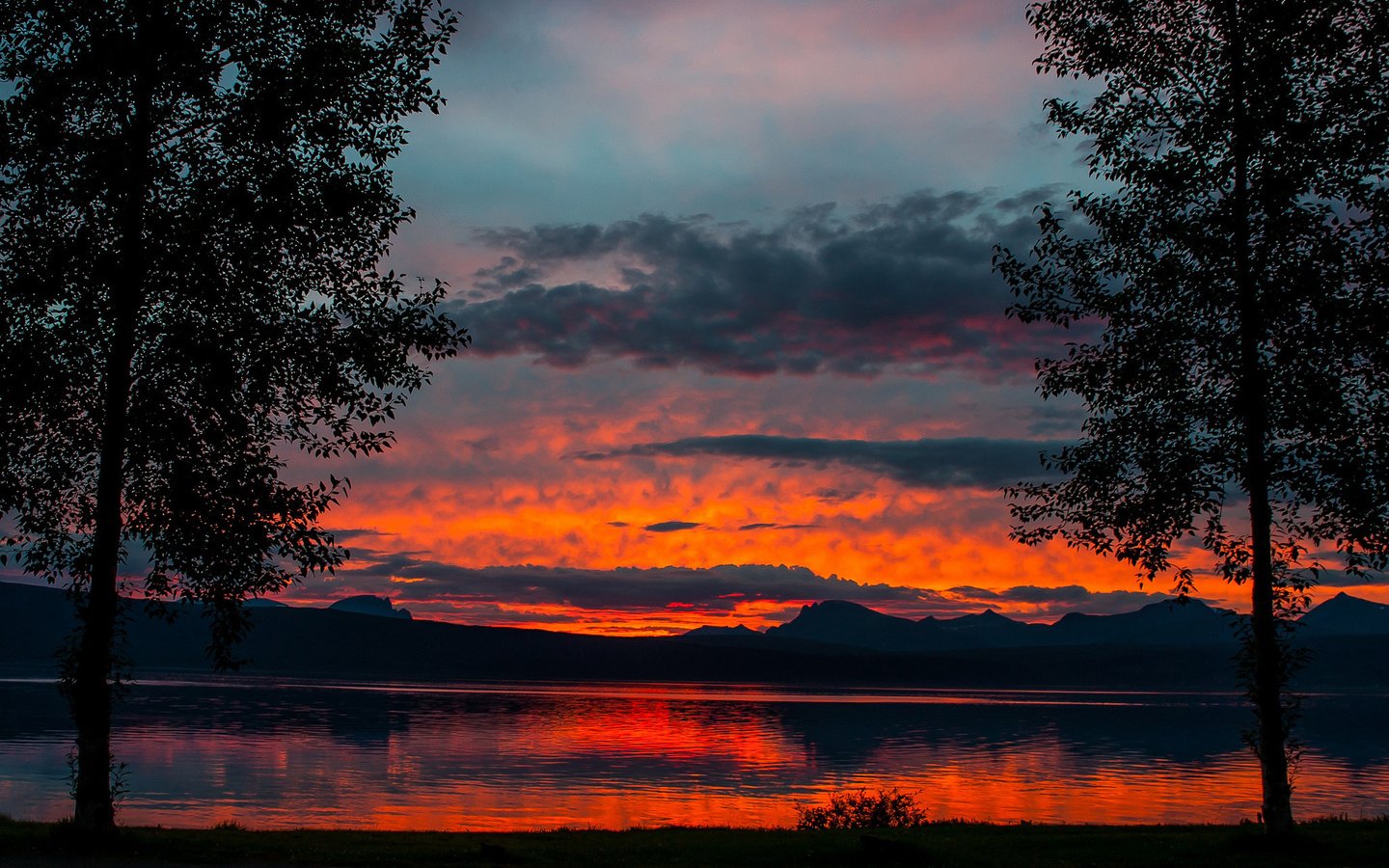 Обои небо, облака, деревья, озеро, природа, закат, сумерки, the sky, clouds, trees, lake, nature, sunset, twilight разрешение 2048x1456 Загрузить