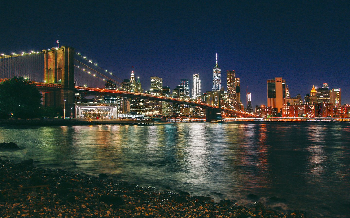 Обои ночь, нью-йорк, манхэттен, бруклинский мост, night, new york, manhattan, brooklyn bridge разрешение 1920x1200 Загрузить