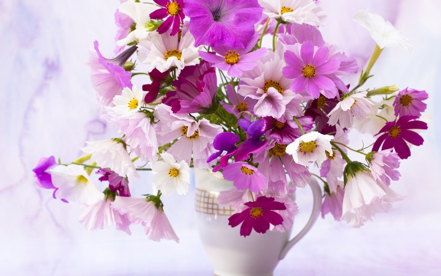 Обои цветы, лепестки, букет, ваза, космея, петунья, flowers, petals, bouquet, vase, kosmeya, petunia разрешение 4702x3592 Загрузить