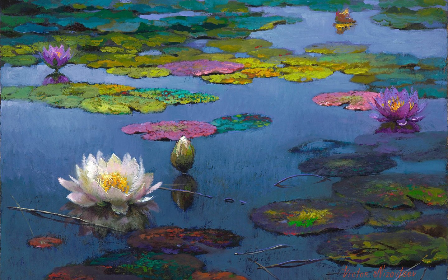 Обои цветы, арт, пейзаж, пруд, живопись, лотосы, flowers, art, landscape, pond, painting, lotus разрешение 1920x1200 Загрузить
