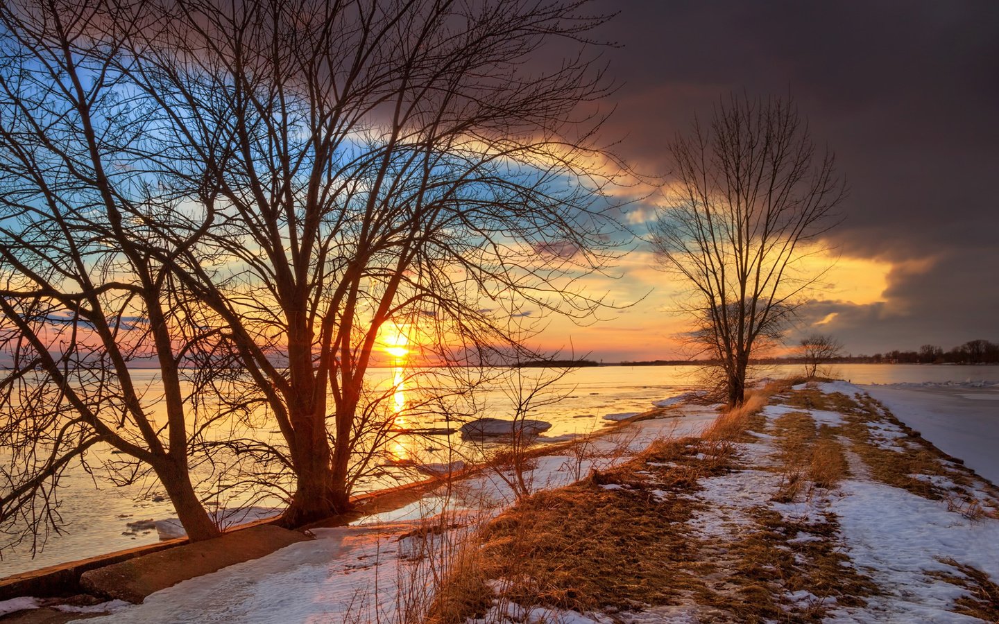 Обои деревья, река, природа, закат, зима, пейзаж, viktor elizarov, trees, river, nature, sunset, winter, landscape разрешение 1920x1200 Загрузить