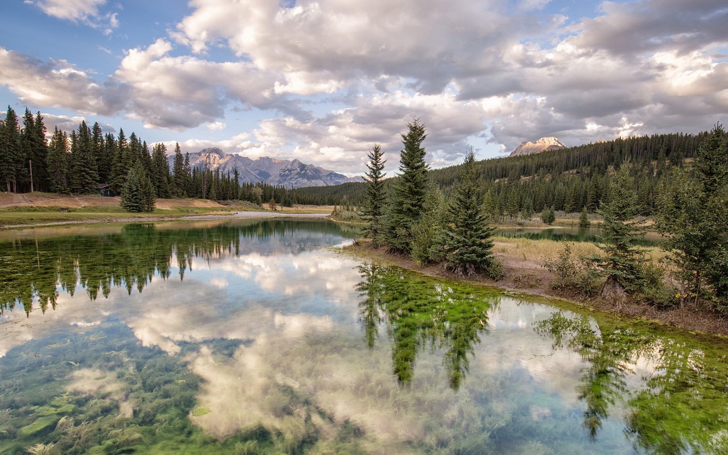 Обои небо, облака, река, горы, природа, лес, отражение, the sky, clouds, river, mountains, nature, forest, reflection разрешение 1920x1080 Загрузить