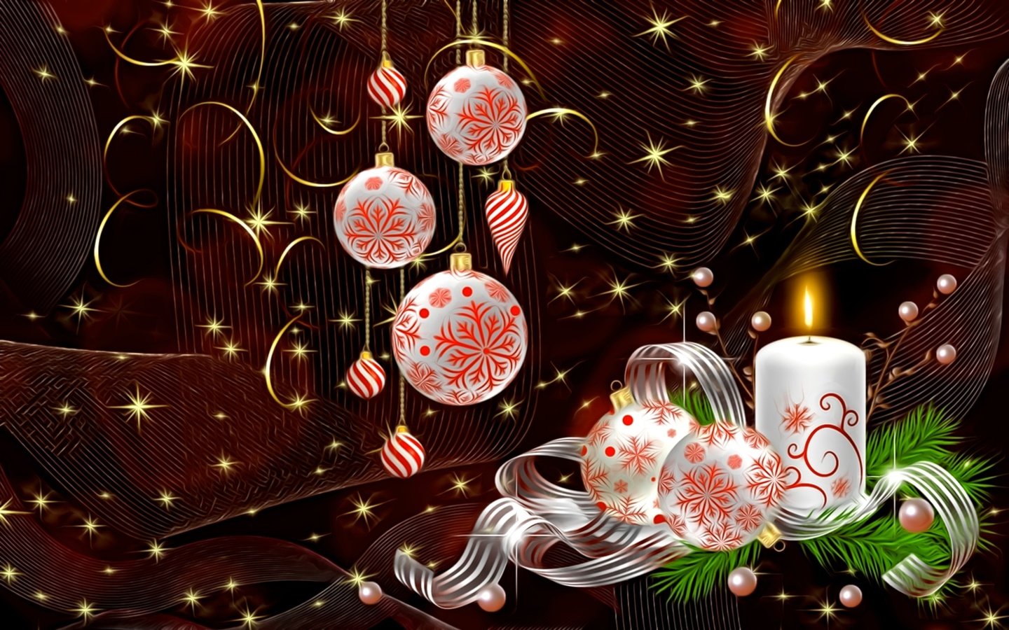 Обои свет, рождество, новый год, елочные украшения, рендеринг, завитушки, темный фон, жемчужные бусины, картинка, золотистые искры, лента, свеча, праздник, light, christmas, new year, christmas decorations, rendering, curls, the dark background, pearl beads, picture, golden sparks, tape, candle, holiday разрешение 1950x1220 Загрузить