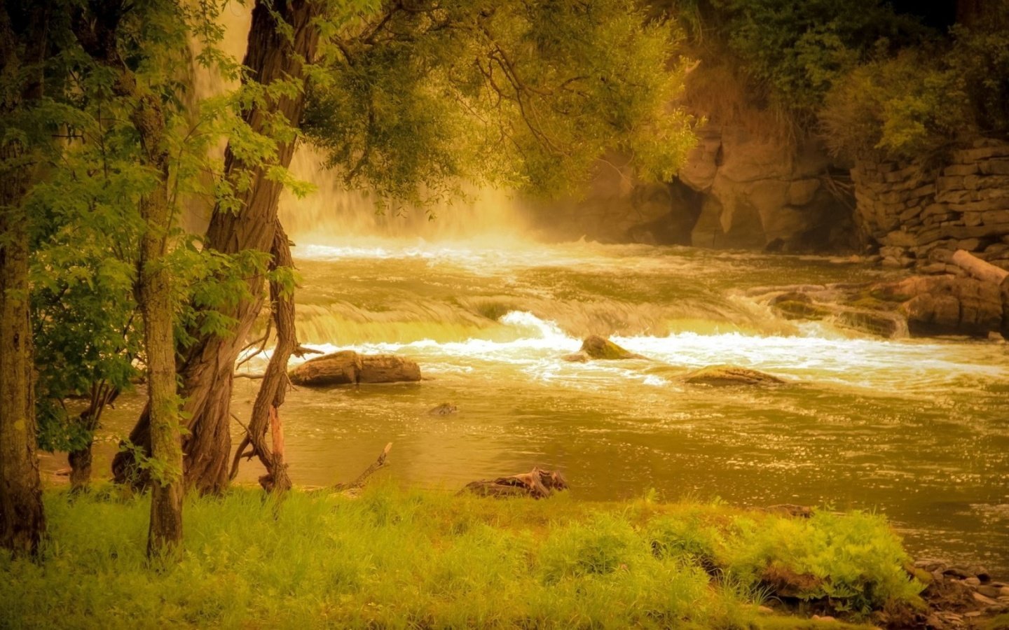 Обои трава, деревья, река, скалы, природа, берег, лес, grass, trees, river, rocks, nature, shore, forest разрешение 1920x1080 Загрузить