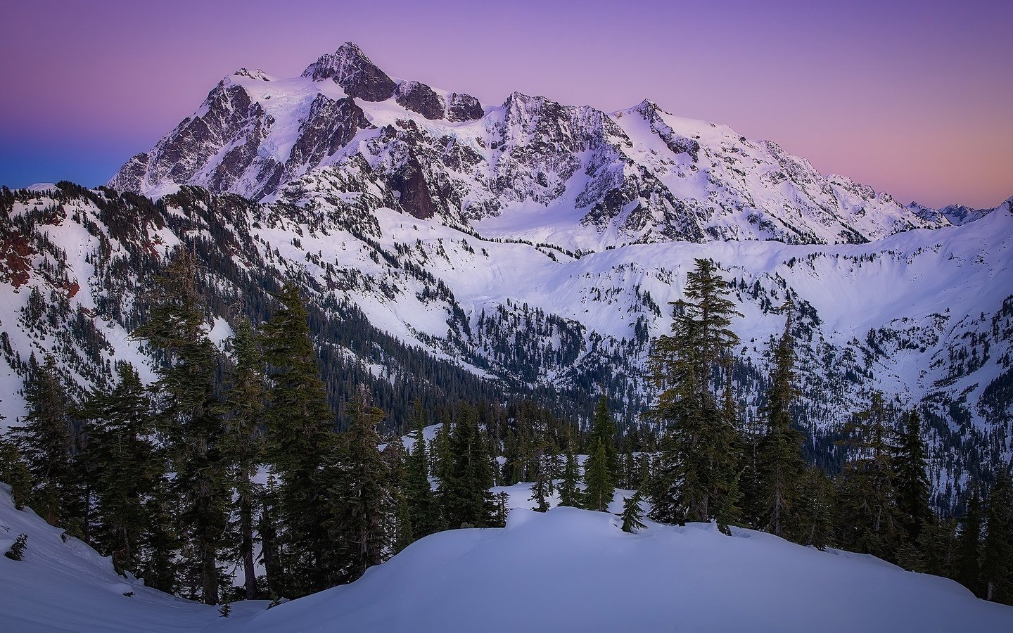 Обои деревья, горы, снег, закат, каскадные горы, штате вашингтон, cascade range, гора шуксан, trees, mountains, snow, sunset, the cascade mountains, washington state, mountain shuksan разрешение 2000x1334 Загрузить