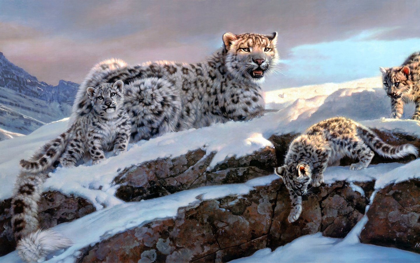 Обои зима, снежные барсы, nancy glazier, winter, snow leopards разрешение 4366x2178 Загрузить