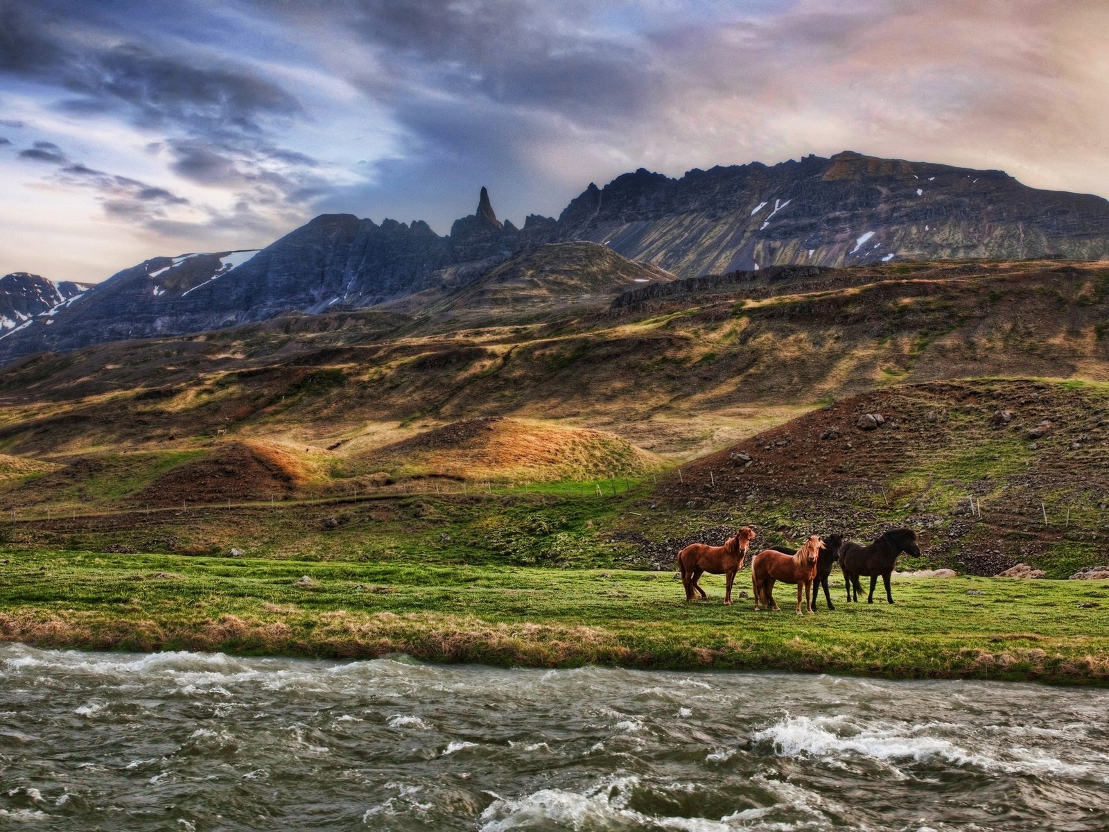 Обои облака, река, горы, лошади, clouds, river, mountains, horse разрешение 2560x1600 Загрузить