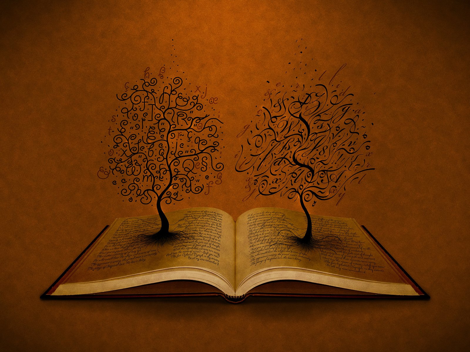 Обои деревья, буквы, книга, trees, letters, book разрешение 2560x1600 Загрузить
