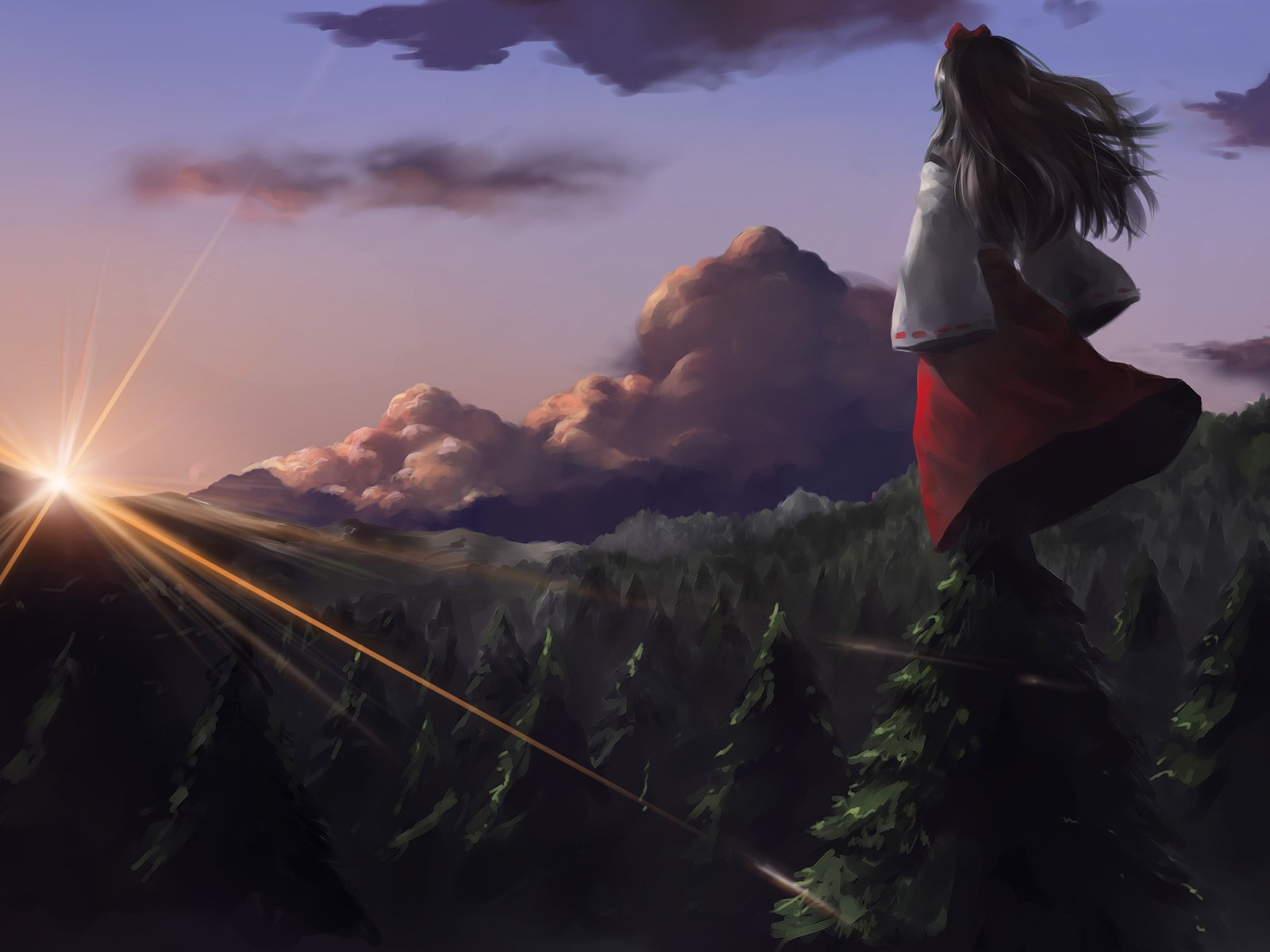 Обои лес, закат, тучи, девушка, гора, forest, sunset, clouds, girl, mountain разрешение 3000x1600 Загрузить