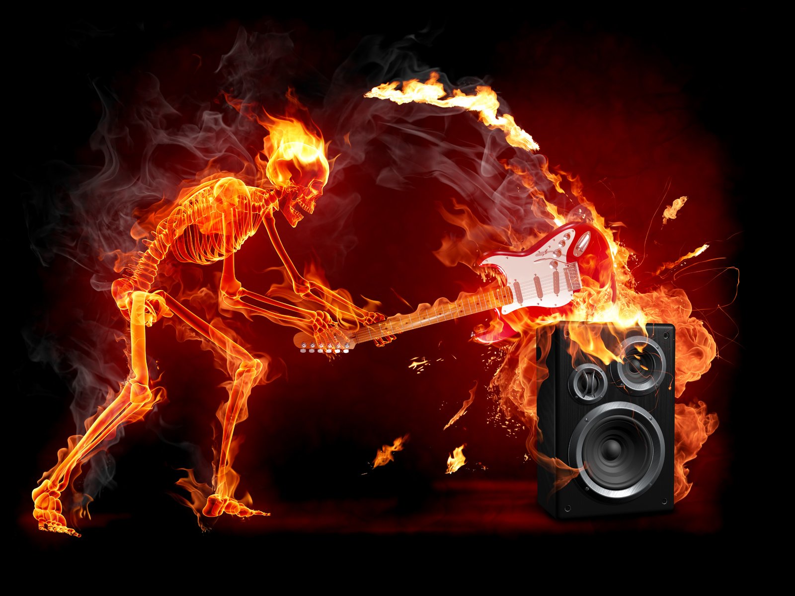 Обои гитара, огонь, рок, скелет, электричество, guitar, fire, rock, skeleton, electricity разрешение 6332x4749 Загрузить