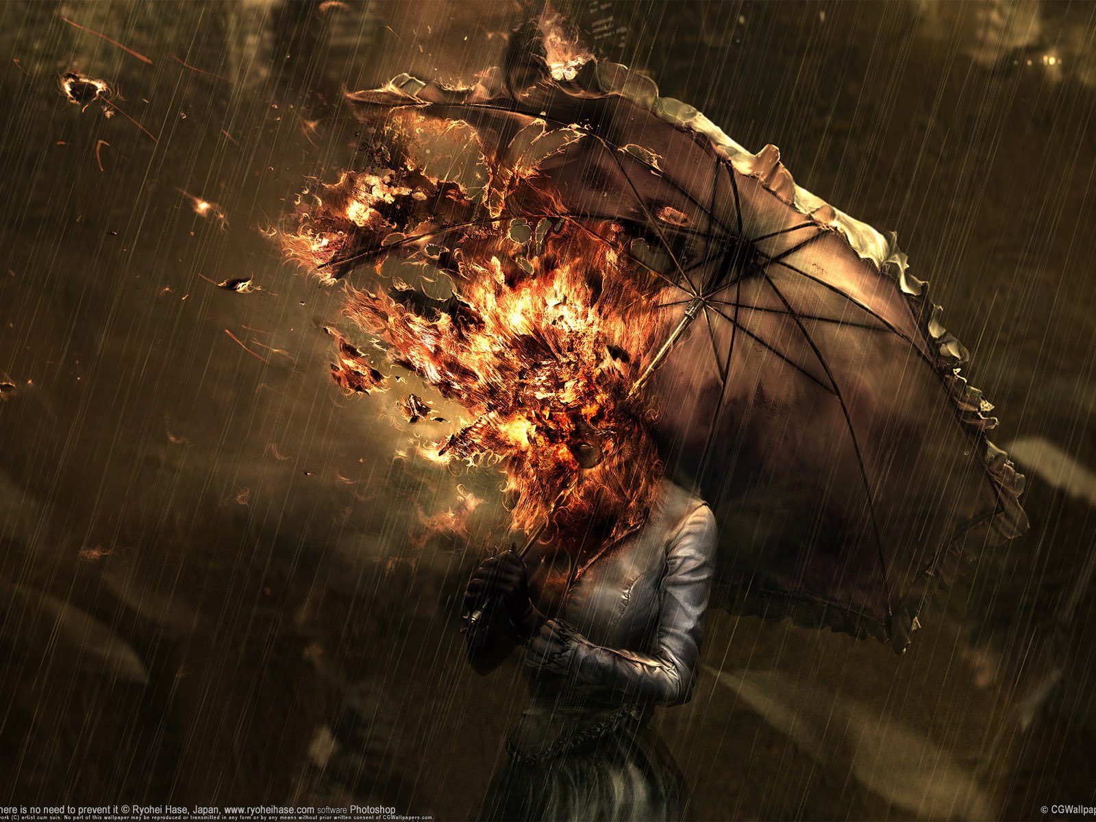 Обои огонь, дождь, зонт, ryohei hase, fire, rain, umbrella разрешение 1920x1200 Загрузить