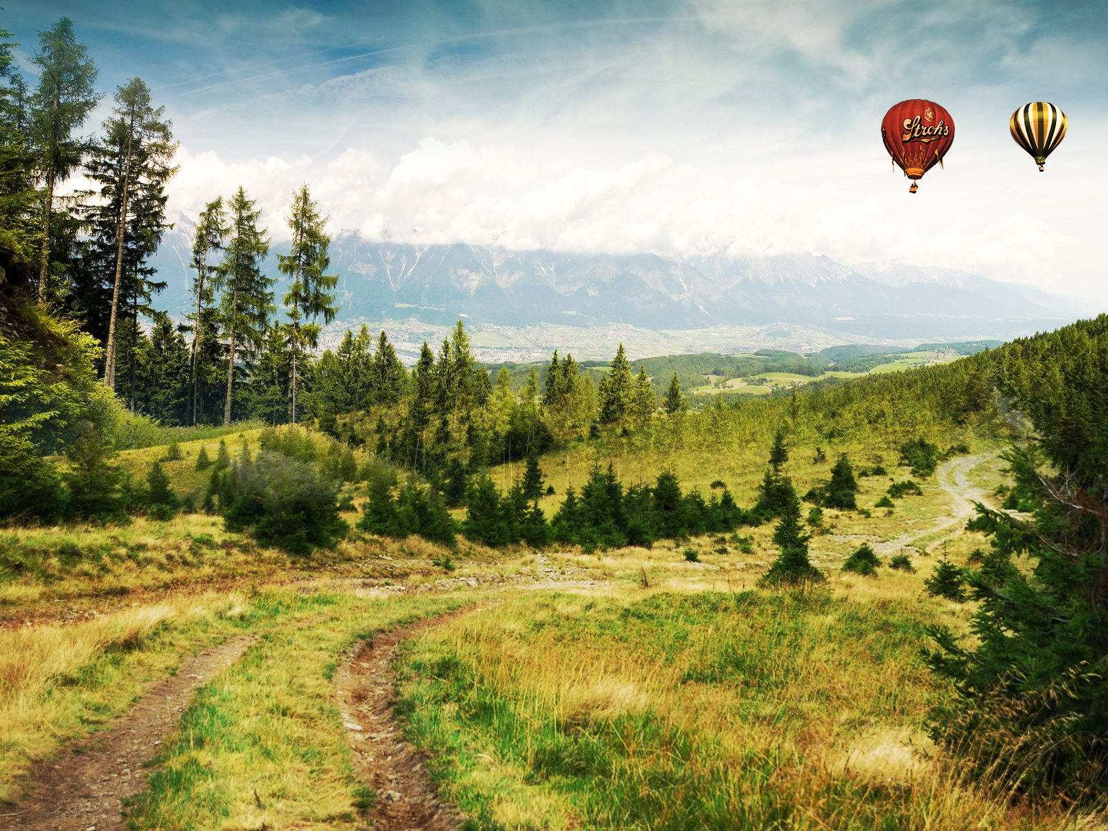 Обои дорога, горы, лес, воздушные шары, road, mountains, forest, balloons разрешение 1920x1200 Загрузить