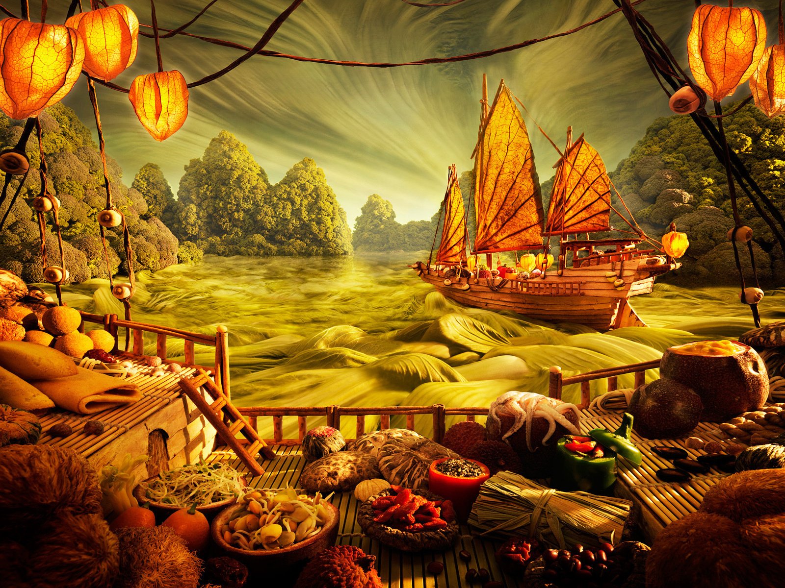 Обои картина, корабль, еда, фантазия, япония, кухня, карл уорнер, picture, ship, food, fantasy, japan, kitchen разрешение 1920x1200 Загрузить