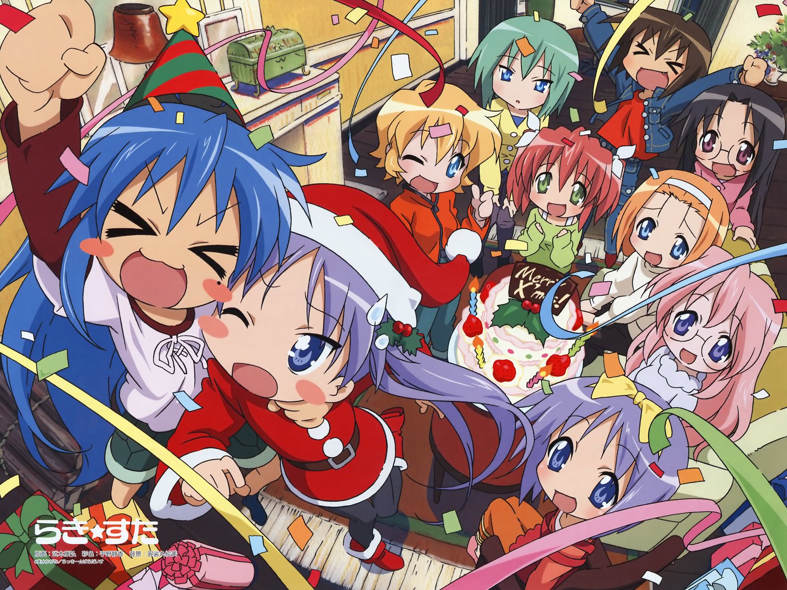 Обои группа, lucky star, izumi konata, hiiragi tsukasa, hiiragi kagami, takara miyuki, елочная, group, christmas разрешение 3960x3038 Загрузить